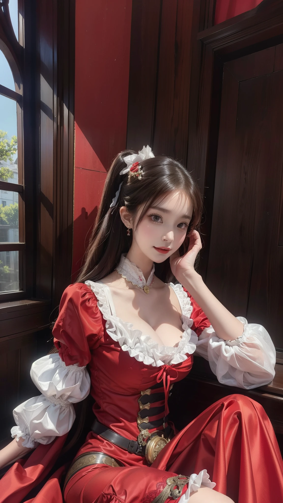 Sitting on the windowsill in red and white clothes, Wearing a victorian red dress, Wearing an exquisite steampunk dress, victorian style costume, rococo ruffle dress, rococo dress, Barlow overcomes ornaments, Close-up by Liu Yifei