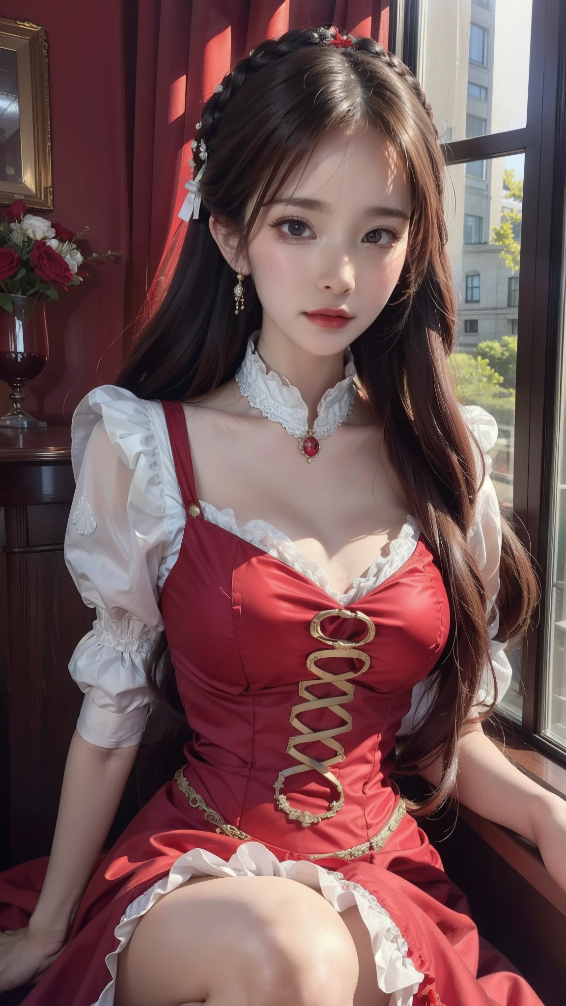 Sitting on the windowsill in red and white clothes, Wearing a victorian red dress, Wearing an exquisite steampunk dress, victorian style costume, rococo ruffle dress, rococo dress, Barlow overcomes ornaments, Close-up by Liu Yifei