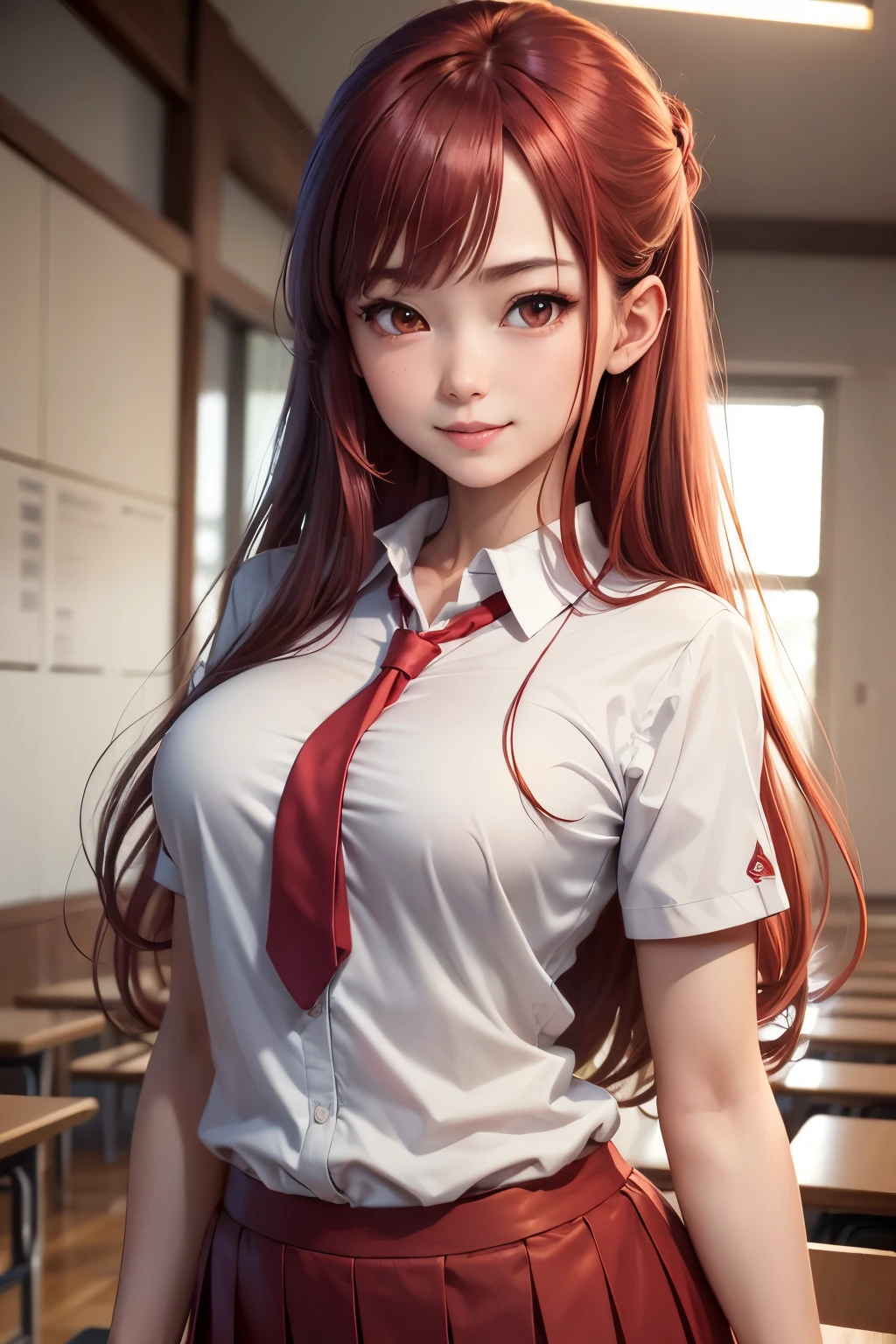 (masterpiece, best quality, high quality, highres, ultra-detailed), mari setagaya, human-form, 1girl, solo, long hair, looking at viewer, smile, shirt, red eyes, school uniform, upper body, short sleeves, red hair, necktie, pointy ears, fang, grey shirt, medium breasts, closed mouth,