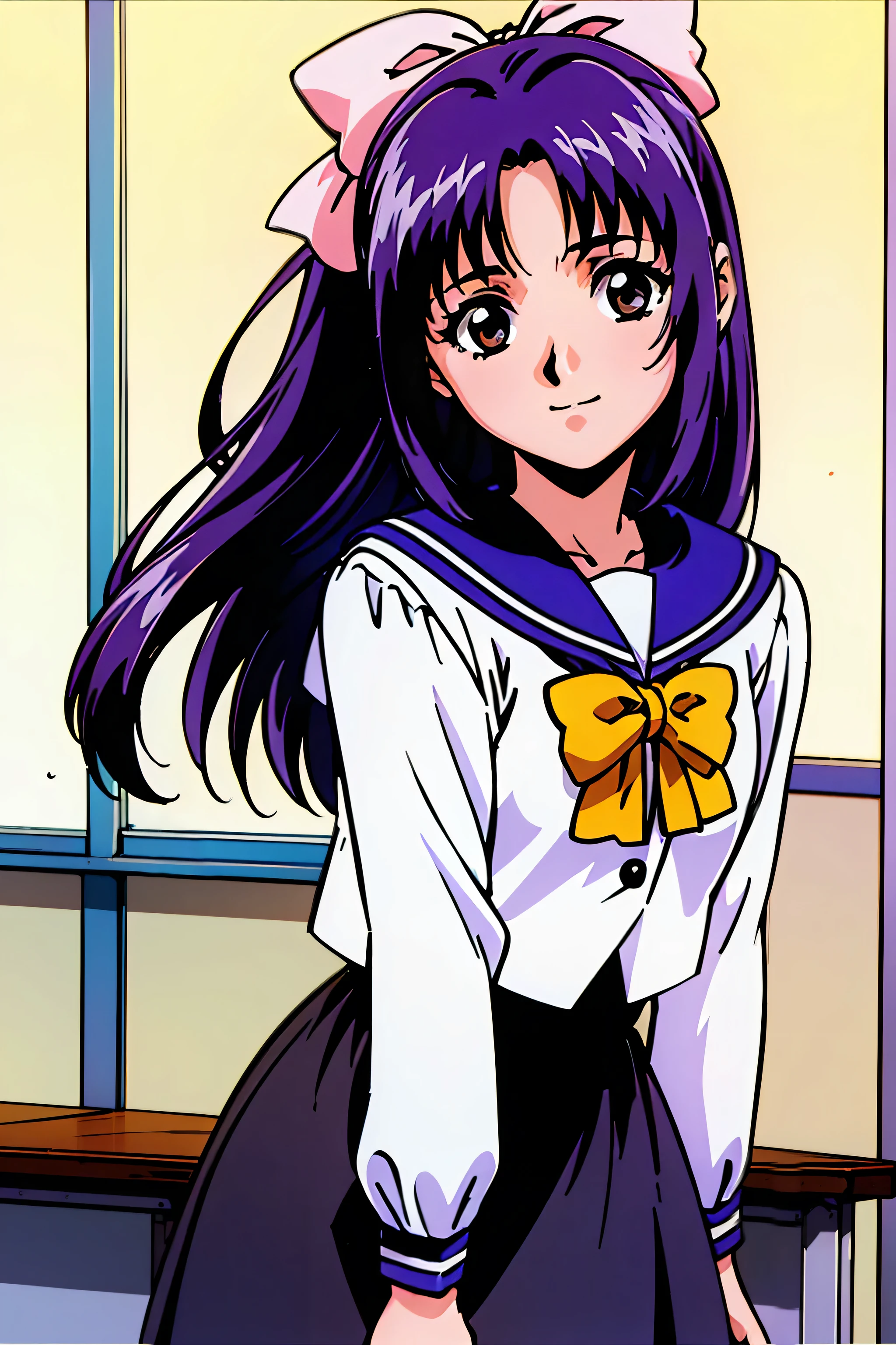 (highest quality:1.3),(ultra-be familiar with:1.5),High resolution,extremely be familiar with CG,unity 8k wallpaper,official art,be familiar with,super be familiar with skin,perfect anatomy,beautiful be familiar with eyes,(anime screenshot:1.1),(((high color saturation:1.6))),(((high brightness:1.7))),very delicate and beautiful,90s anime,90s anime style,cel shaded anime,1 girl,((koigakubomomoko:1.5)),((school uniform, sailor suit,long sleeve,skirt,:1.3)),shoes下,shoes,茶色のshoes,long hair,hair ribbon,pink ribbon,knee high,loafers,smile,brown eyes,purple hair,white shirt,bangs,((background light:1.7)),((Inside the school classroom:1.52)),summer,