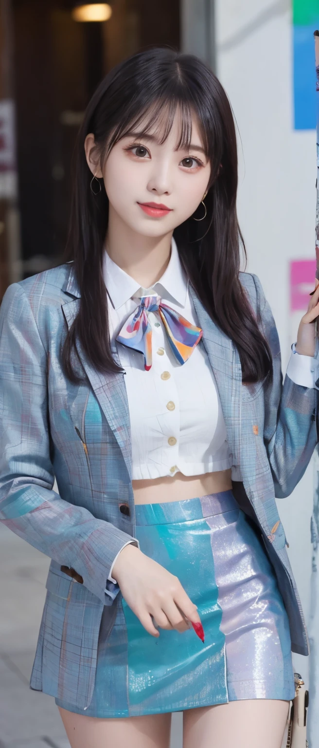 colorful idol、whole body、good style、、、、、Paint-covered business suit(tight mini skirt)、colorful hair、Building covered in paint