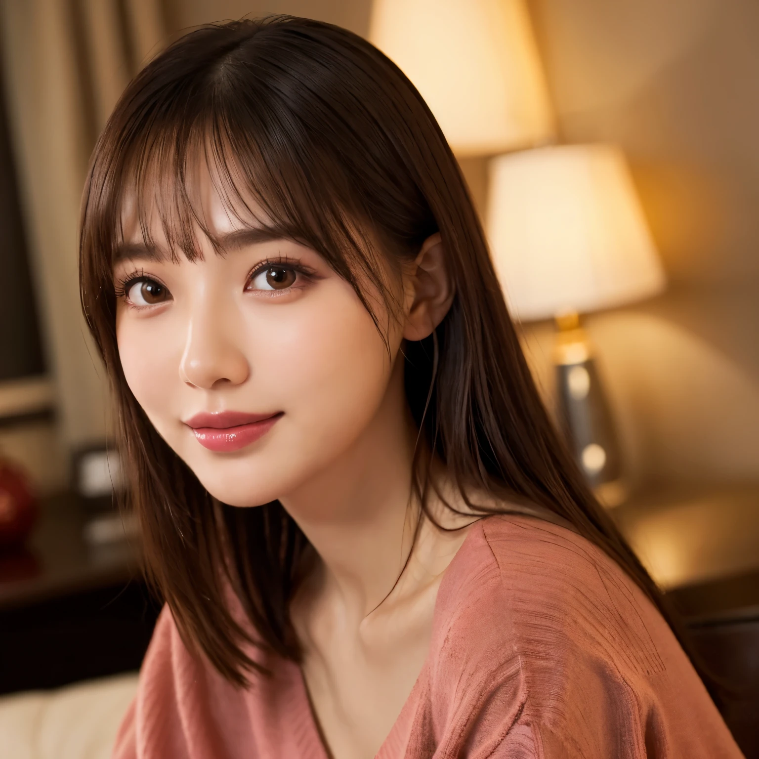 (highest quality、table top、8k、best image quality、Award-winning work)、(one young girl, 15 years old:1.1)、(Perfect V-neck red long knit sweater:1.3)、red eyeshadow、perfect makeup、long eyelashes、Super high-definition sparkling eyes、ultra high definition hair、ultra high resolution glossy lips、Super high resolution cute face、brown hair、big breasts、cleavage、look at me and smile、accurate anatomy、close up of face、Luxury love hotel、(The most moody warm lighting:1.1)、blurred background