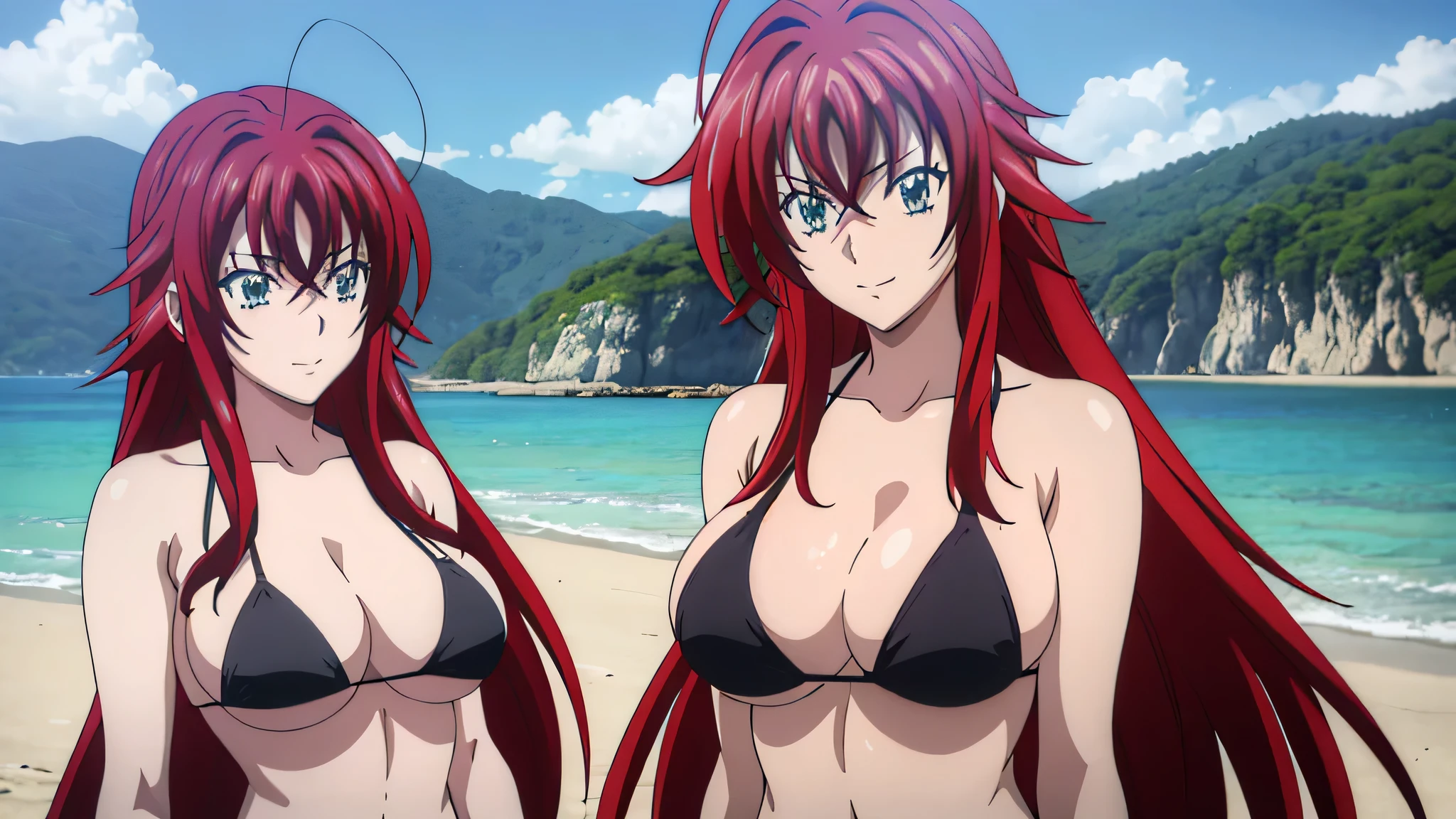 (((picture perfect))), (absurdres), 1girl, solo, rias gremory, shy smiling face, ((upper body)), (large breasts), ((wearing black micro bikini)), on the beach