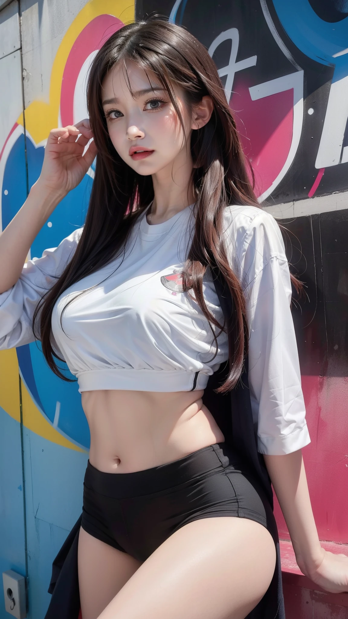 (best quality), masterpiece, 极其细致的CG8K插painting, high color, Extremely high color saturation, All colors are deepened, painting, graffiti art, central composition, Extremely detailed light and shadow, graffiti wall, The walls are painted bright colors, 1 girl graffiti 1 girl looking at the wall, The face and eyes are very detailed, medium length hair, sportswear, colorful clouds