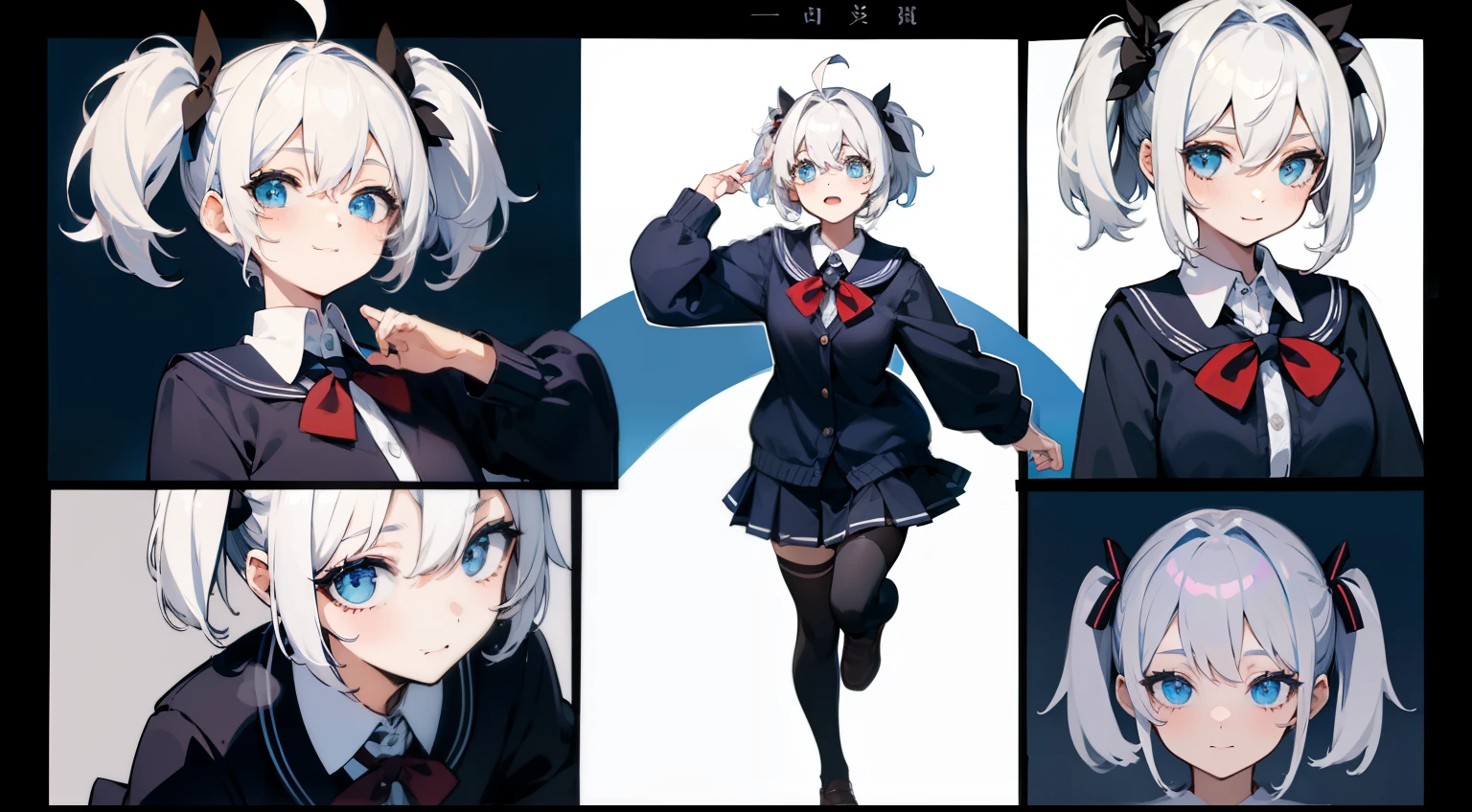 ((Masterpiece, highest quality)), detailed face, character sheet, Full body, 1girl, lifgt blur eyes, white hair, twintails, ahoge, (cute short hair)), hair between eyes, school uniform, cardigan, black thigh-highs, smile, yandere, dark,blue theme, , full of details, multiple poses and expressions, highly detailed, depth, many parts