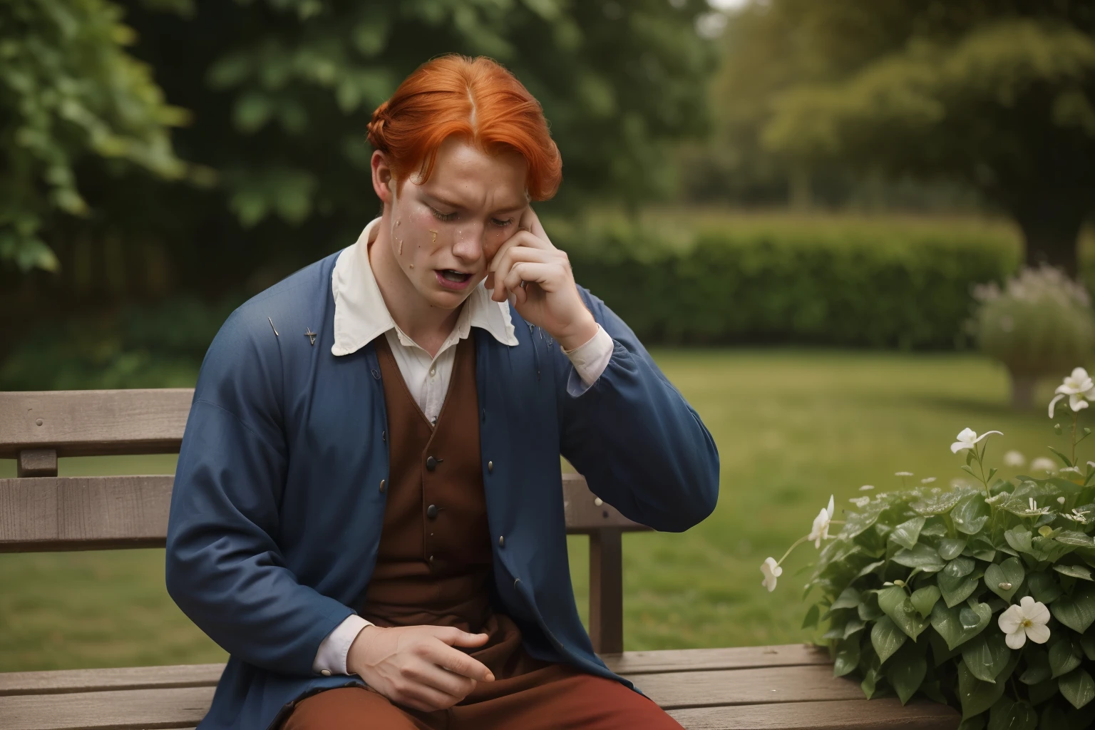 England, 1339. A young ((((23-year-old)) Merthin Fitzgerald)), handsome, athletic, in a garden bench, ((((desparate expression, big tears)))). ((((clothings from the 1300s)))), ((redhead hairstyle of the 1300s))