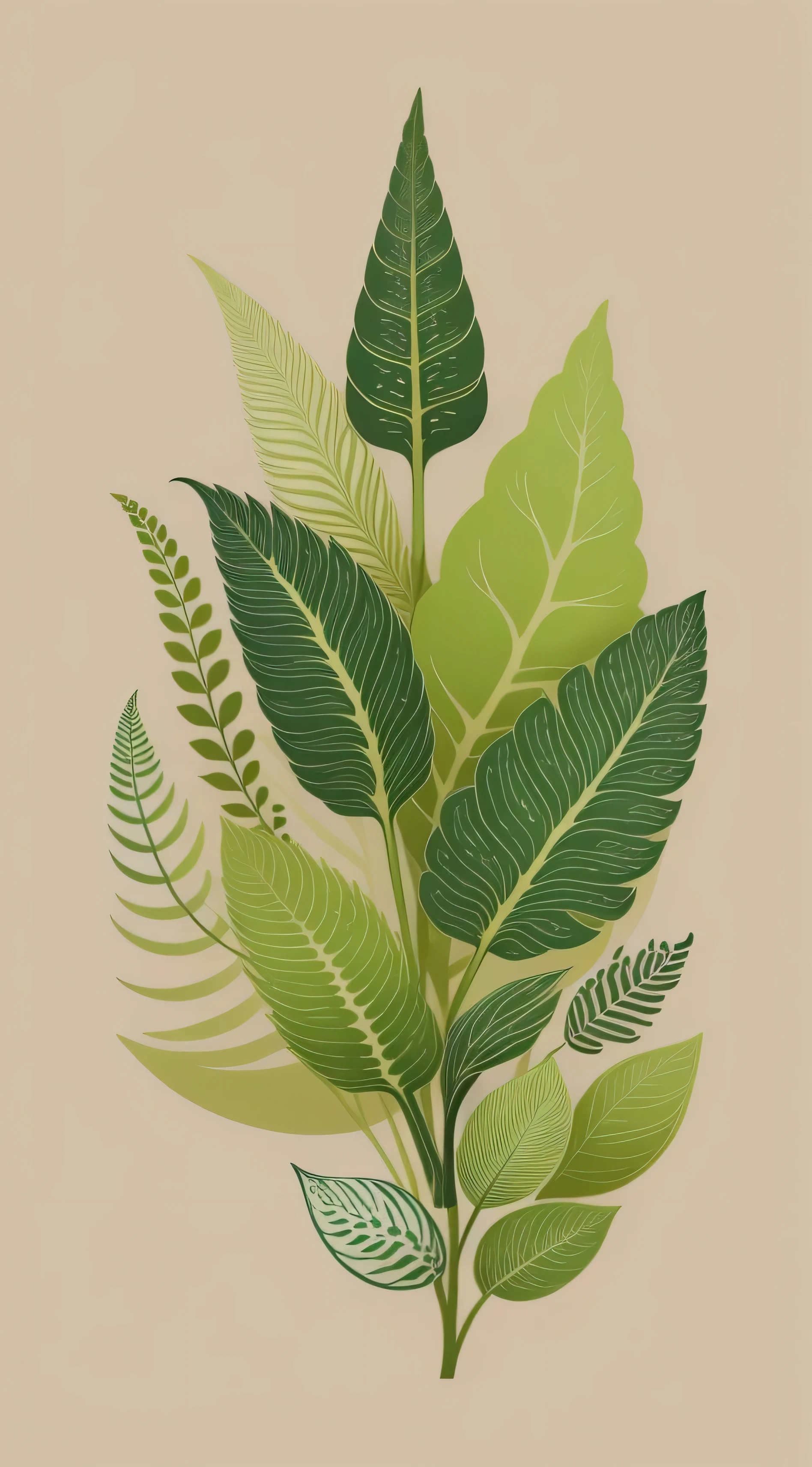 a plant、berry、ferns、fronds、Small flower pattern、Defined shape、Flat style、Vector style、drawing style、Naive style、wallpaper style、Soft pastel colors。There are no shadows in the image。