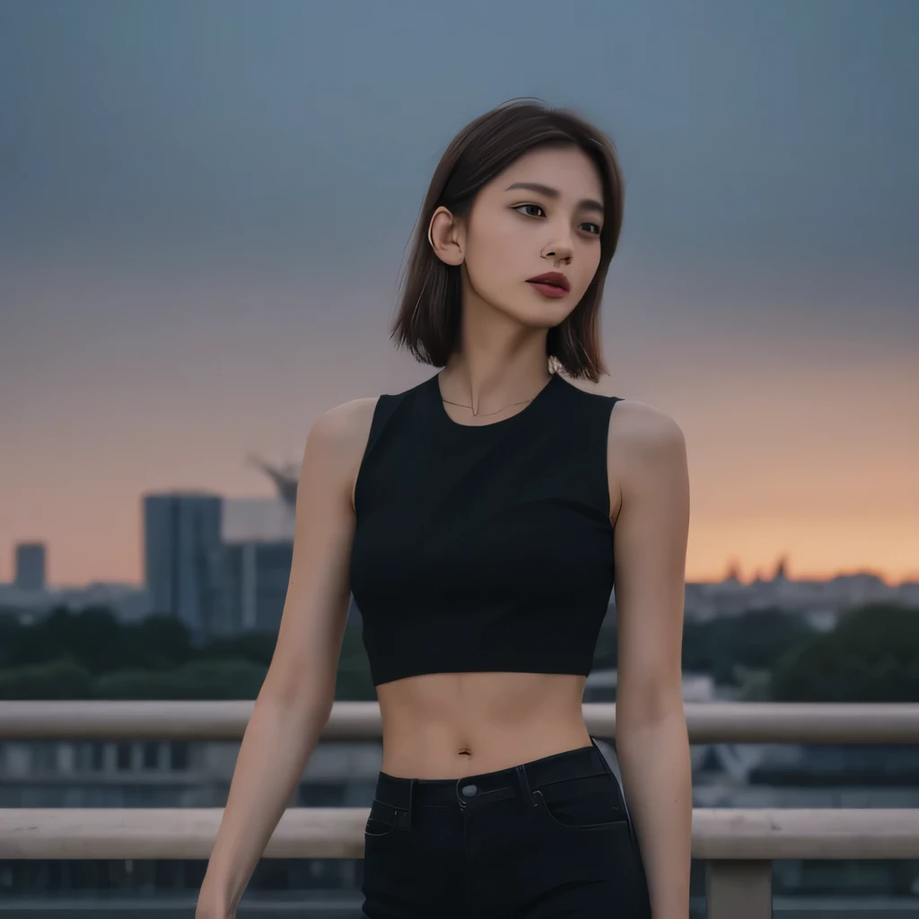 ((realistic lighting, highest quality, 8k, masterpiece: 1.3)), clear focus: 1.2, 1 girl, perfect figure: 1.4,slim legs, whole body,slim abs: 1.1,looking far away,show me your stomach, ((dark brown hair)), (black crop top: 1.4), (outdoors, night: 1.1), Eiffel Tower on the background, super detailed face, fine eyes, double eyelid,