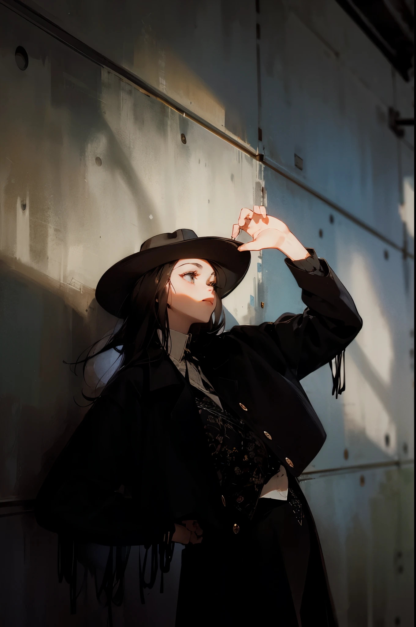 wearing black hat、wear black skirt、Arafad woman leaning against wall, Wearing old black clothes and hat, Wear black clothes and hats, Black Stetson and coat