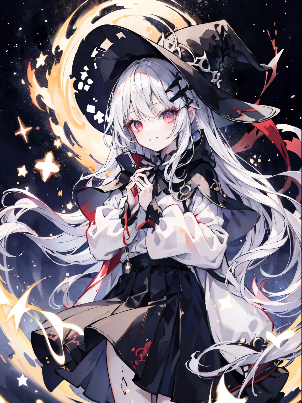 young girl、human、A magician who always smiles、large witch hat 、cute、long white hair、Red eyes and glazed eyes、Bangs are heavy、Thin eyebrows、fantasy、intake、double teeth、star motif、Constellation motifonochrome clotheetal look decoration、cape、A little dark atmosphere、a little crazy smile、Outside at night when the big moon shines、blood return、black star hair ornament、short tie、No nails、high waist skirt、flared sleeves、long sleeve shirt、black tie、Low exposure、Mr.々a haze