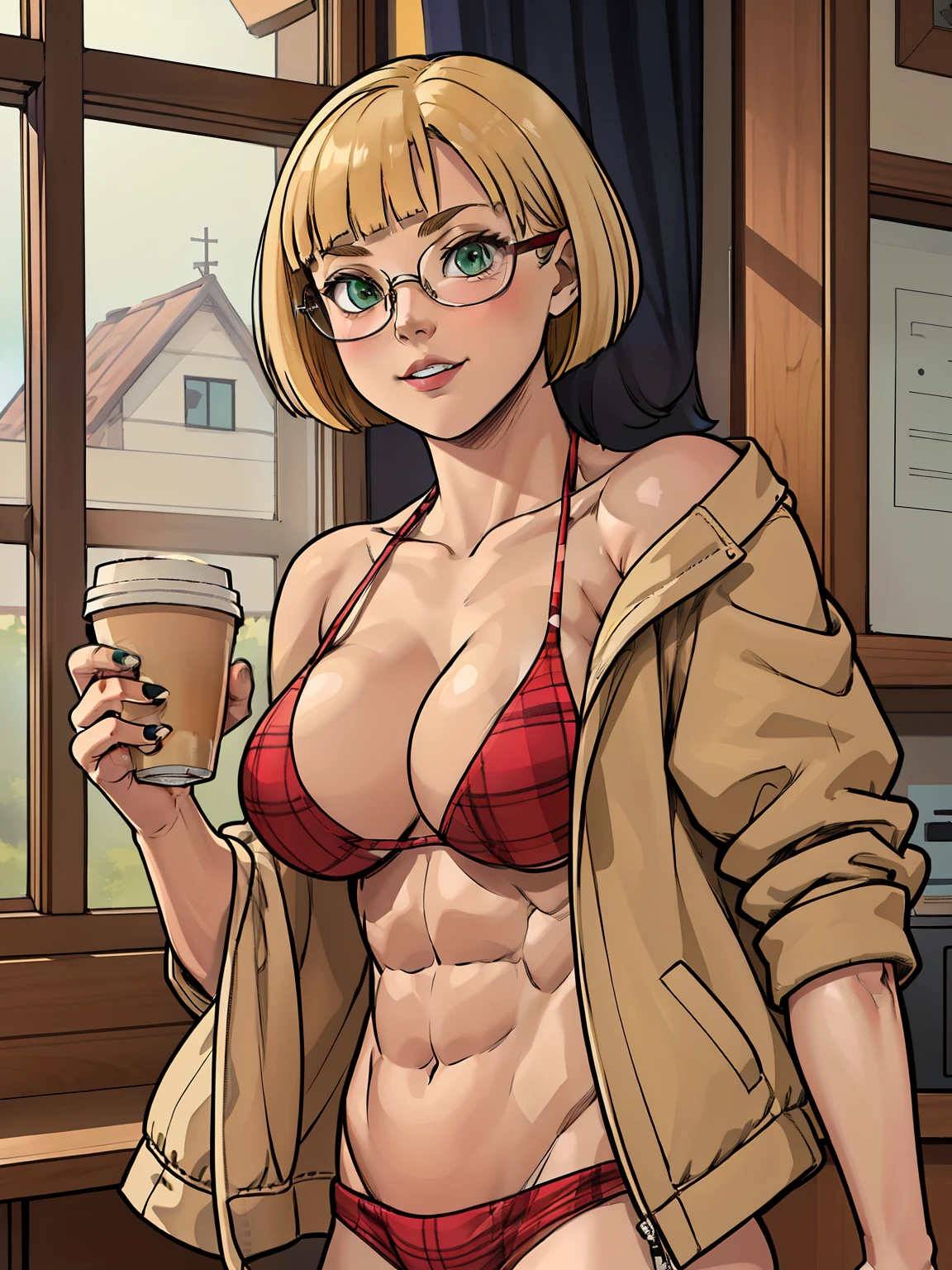 (toned body) abuscular:1.5) sbg, breast grab, breast liftluminedef, full body, cleavage, glasses breasts, blonde hair, solo, bikini, green eyes, bob cut, plaid jacket, bangs, official alternate hairstyle, nail polish, bare shoulders, indoors, window, disposable cup, Muscle,