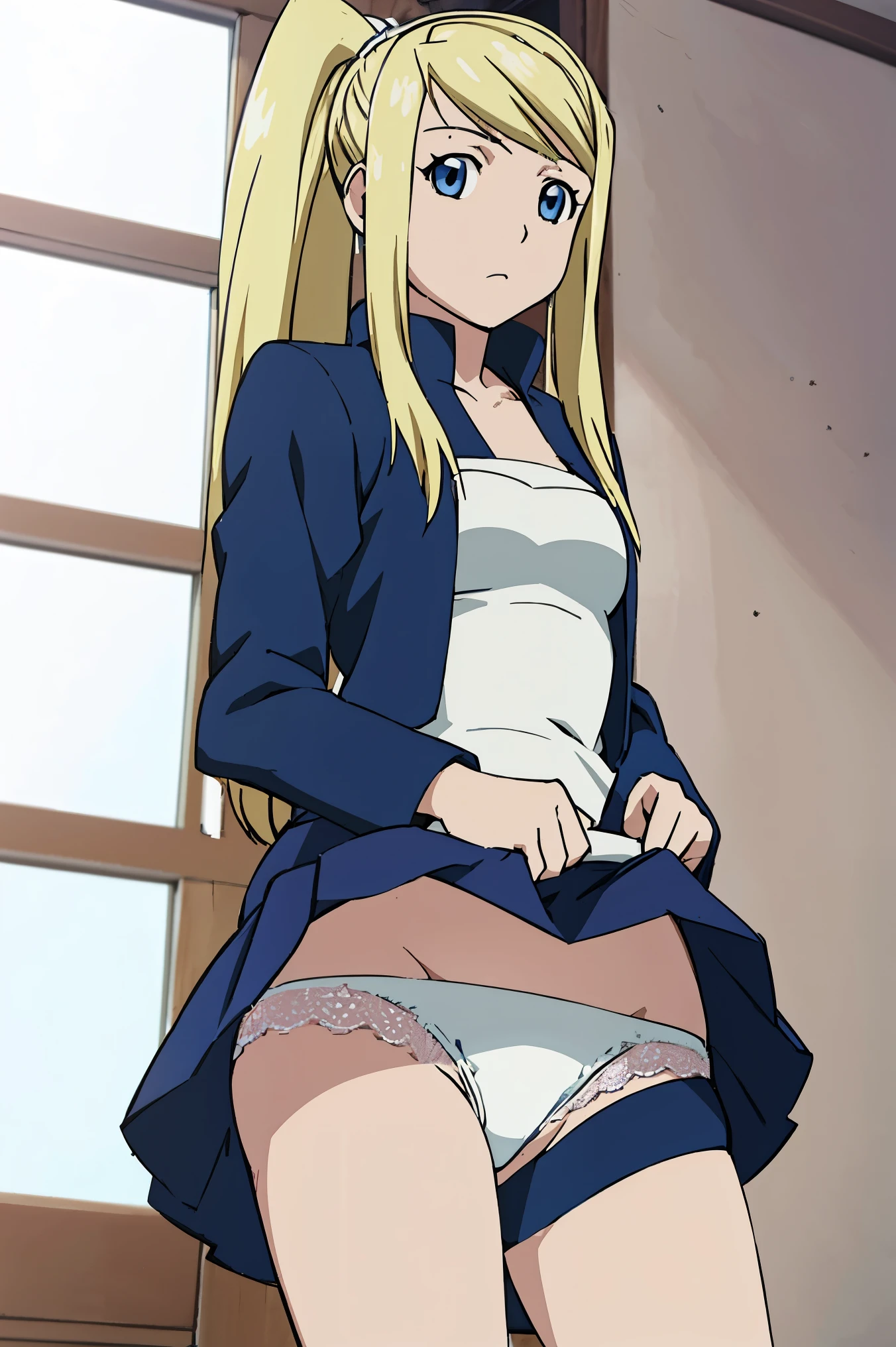 NSFW,white lace panties,upskirt,lift skirt,masterpiece, best quality, illustration, 1girl, solo, looking at viewer, upper body, , anime coloring, , winry_rockbell, blonde hair, blue eyes, ponytail