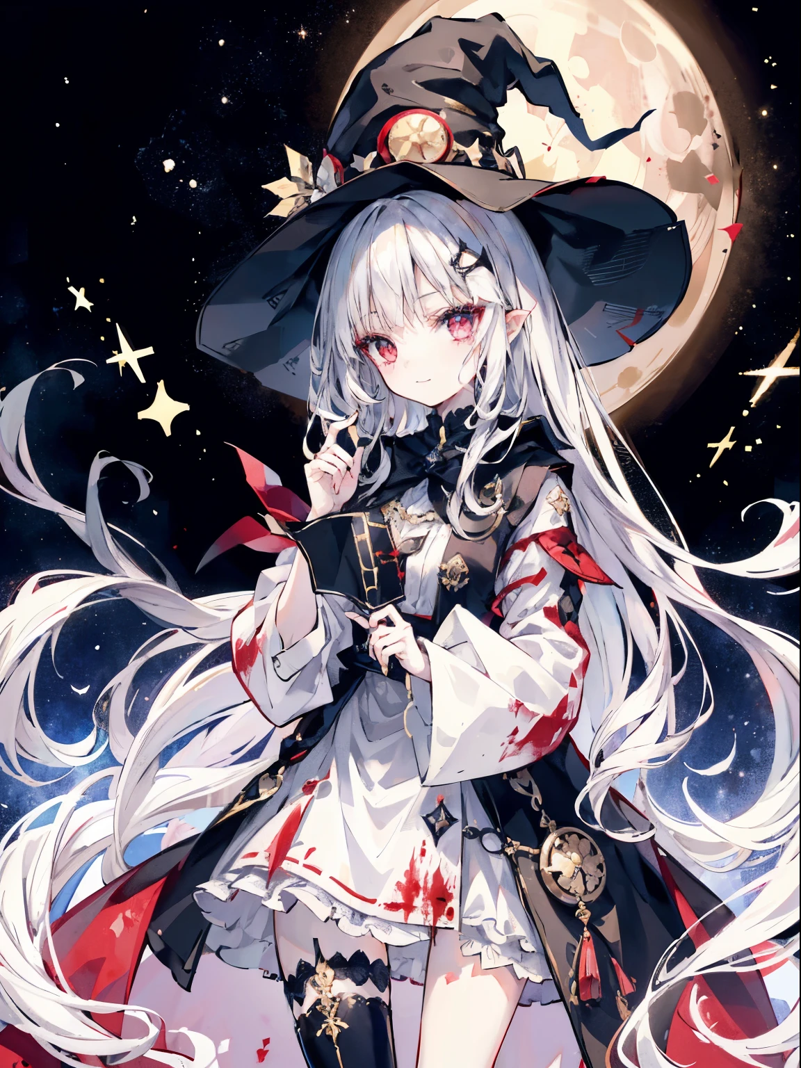 young girl、human、A magician who always smiles、large witch hat 、cute、long white hair、Red eyes and glazed eyes、Bangs are heavy、Thin eyebrows、fantasy、intake、double teeth、star motif、Constellation motifonochrome clotheetal look decoration、cape、A little dark atmosphere、a little crazy smile、Outside at night when the big moon shines、blood return、black star hair ornament、short tie、No nails、high waist skirt、flared sleeves、long sleeve shirt、black tie、Low exposure、Mr.々a haze、yellow and white effect