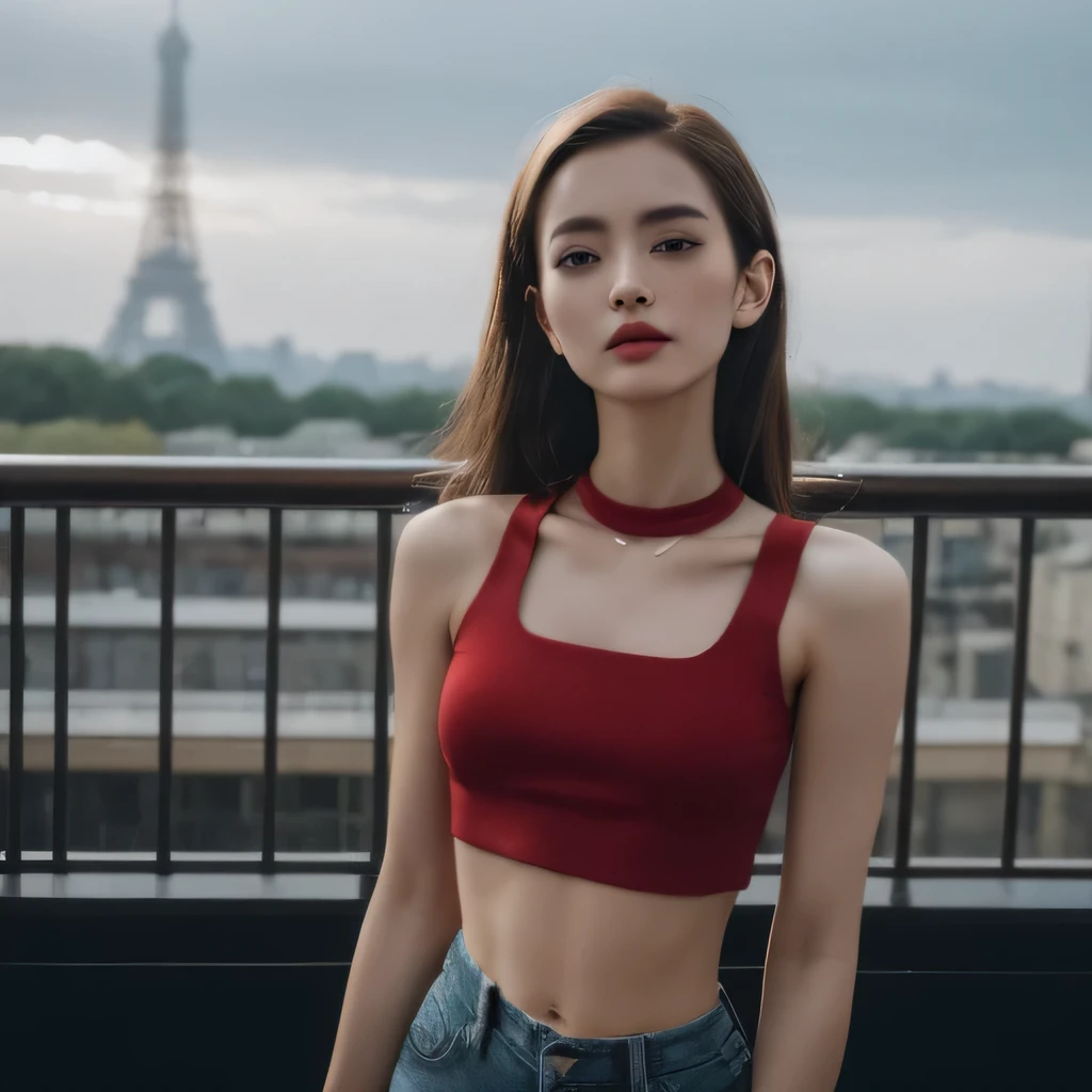 ((realistic lighting, highest quality, 8k, masterpiece: 1.3)), clear focus: 1.2, 1 Japanese girl, perfect figure: 1.4,slim legs, whole body,slim abs: 1.1,looking far away,show me your stomach, ((dark brown hair)), (Red crop top: 1.4), (outdoors, night: 1.1), Eiffel Tower on the background, super detailed face, fine eyes, double eyelid,