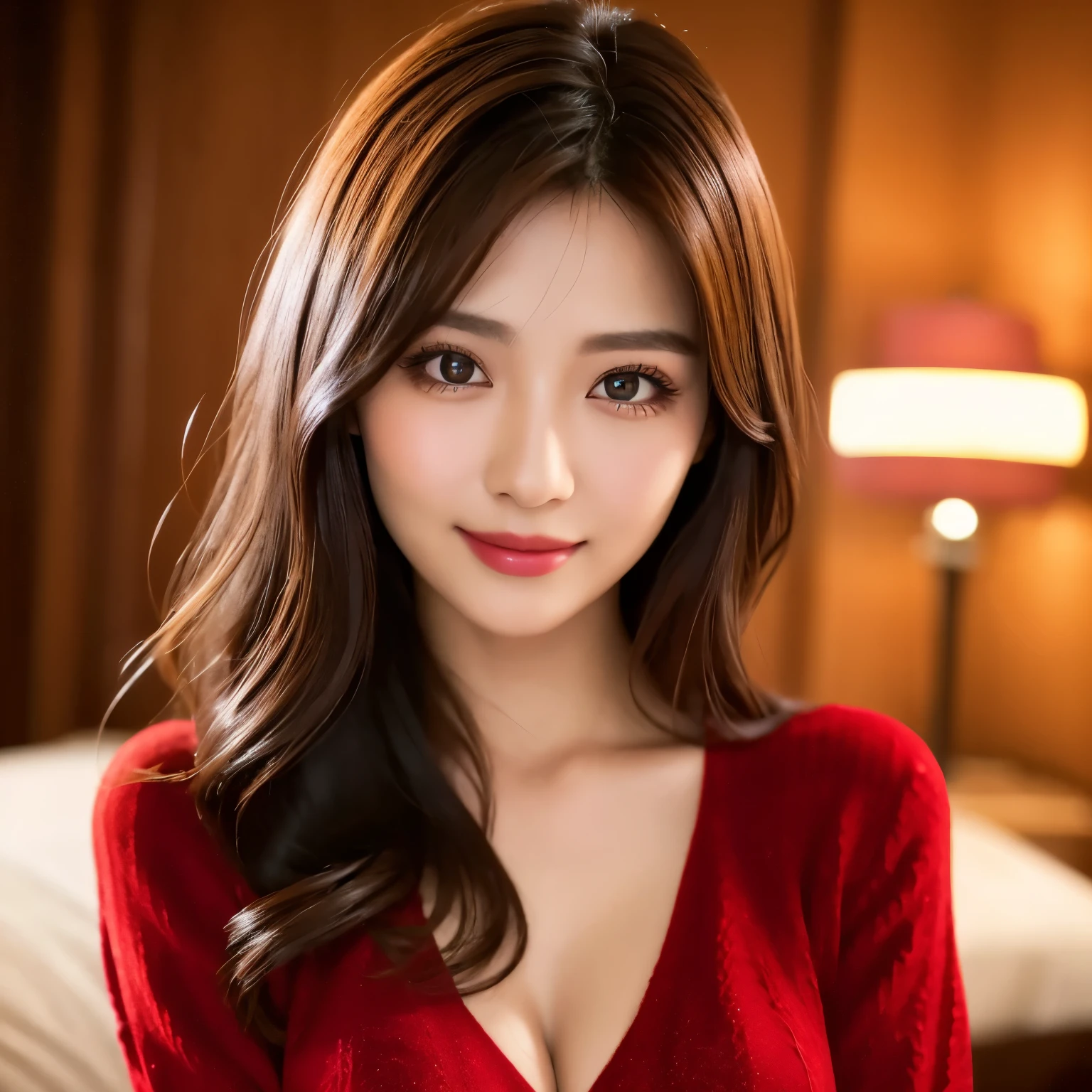 (highest quality、table top、8k、best image quality、Award-winning work)、(one young girl, 15 years old:1.1)、(Perfect V-neck red long knit sweater:1.3)、red eyeshadow、perfect makeup、long eyelashes、Super high-definition sparkling eyes、ultra high definition hair、ultra high resolution glossy lips、Super high resolution cute face、brown hair、big breasts、cleavage、look at me and smile、accurate anatomy、close up of face、Luxury love hotel、(The most moody warm lighting:1.1)、blurred background