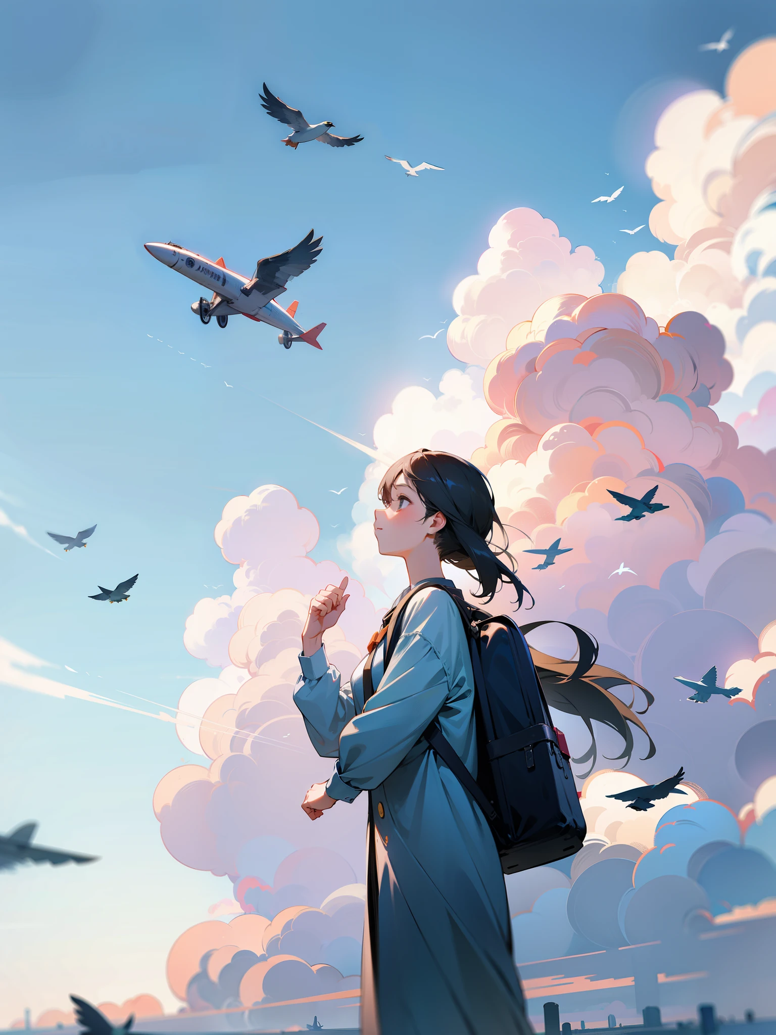 There is a woman with a backpack looking at the birds flying in the sky, girl side face,Blurred facial features,cloud,There is a plane flying across the sky,Feeling