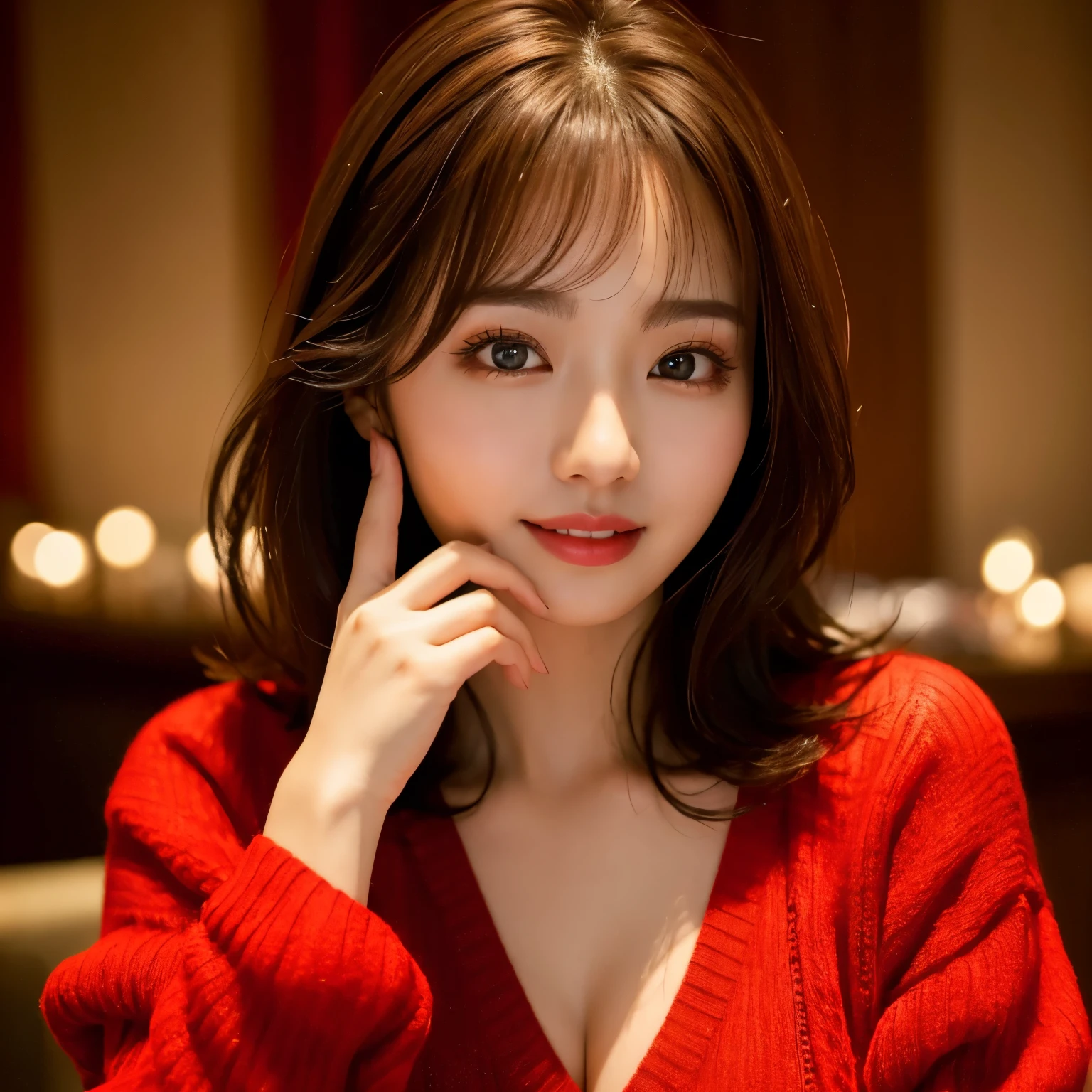 (highest quality、table top、8k、best image quality、Award-winning work)、(one young girl, :1.1)、(Perfect V-neck red long knit sweater:1.3)、red eyeshadow、perfect makeup、long eyelashes、Super high-definition sparkling eyes、ultra high definition hair、ultra high resolution glossy lips、Super high resolution cute face、brown hair、big breasts、cleavage、look at me and smile、accurate anatomy、close up of face、Luxury love hotel、(The most moody warm lighting:1.1)、blurred background