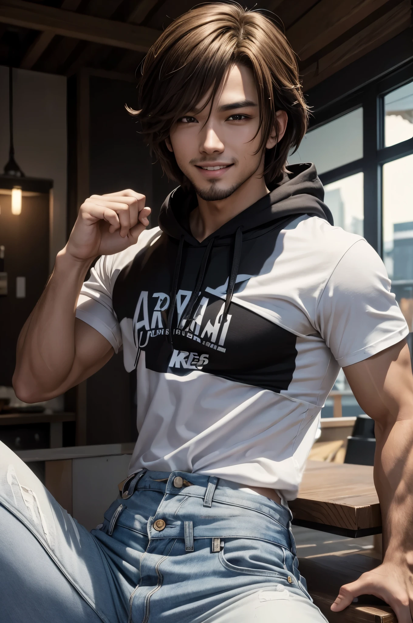 8K,Young man with flashy brown medium bob hair(24-years-old),Challenging atmosphere,muscular slim body,super realistic skin,Violent and strongly cracked abdominal muscles,black hoodie,white inner t-shirt,black black jeans,Mischievous smile,big eyes,black eyes,Perfect hand shapeの詳細,comical pose,masterpiece,Photorealistic RAW photos of the highest quality。bright colors,rich colors, Backlight, cinematic lighting, film grain, to be born, 50mm lens, Nikon D850,detailed character art,fantasy art,ultra high resolution,super realistic skin,Perfect hand shape,In town,Persona４(Hanamura Yosuke),wild(super realistic skin),One point beard,big smile,