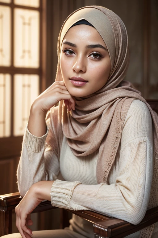 (best quality,4k,8k,highres,masterpiece:1.2),ultra-detailed,(realistic,photorealistic,photo-realistic:1.37),portrait, woman, hijab, sitting, chair, close up, detailed eyes, detailed lips, serene expression, graceful pose, soft lighting, vibrant colors