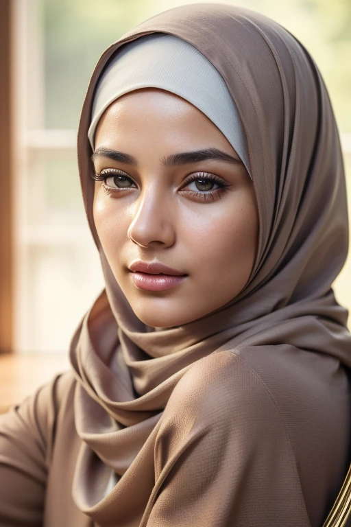 (best quality,4k,8k,highres,masterpiece:1.2),ultra-detailed,(realistic,photorealistic,photo-realistic:1.37),portrait, woman, hijab, sitting, chair, close up, detailed eyes, detailed lips, serene expression, graceful pose, soft lighting, vibrant colors