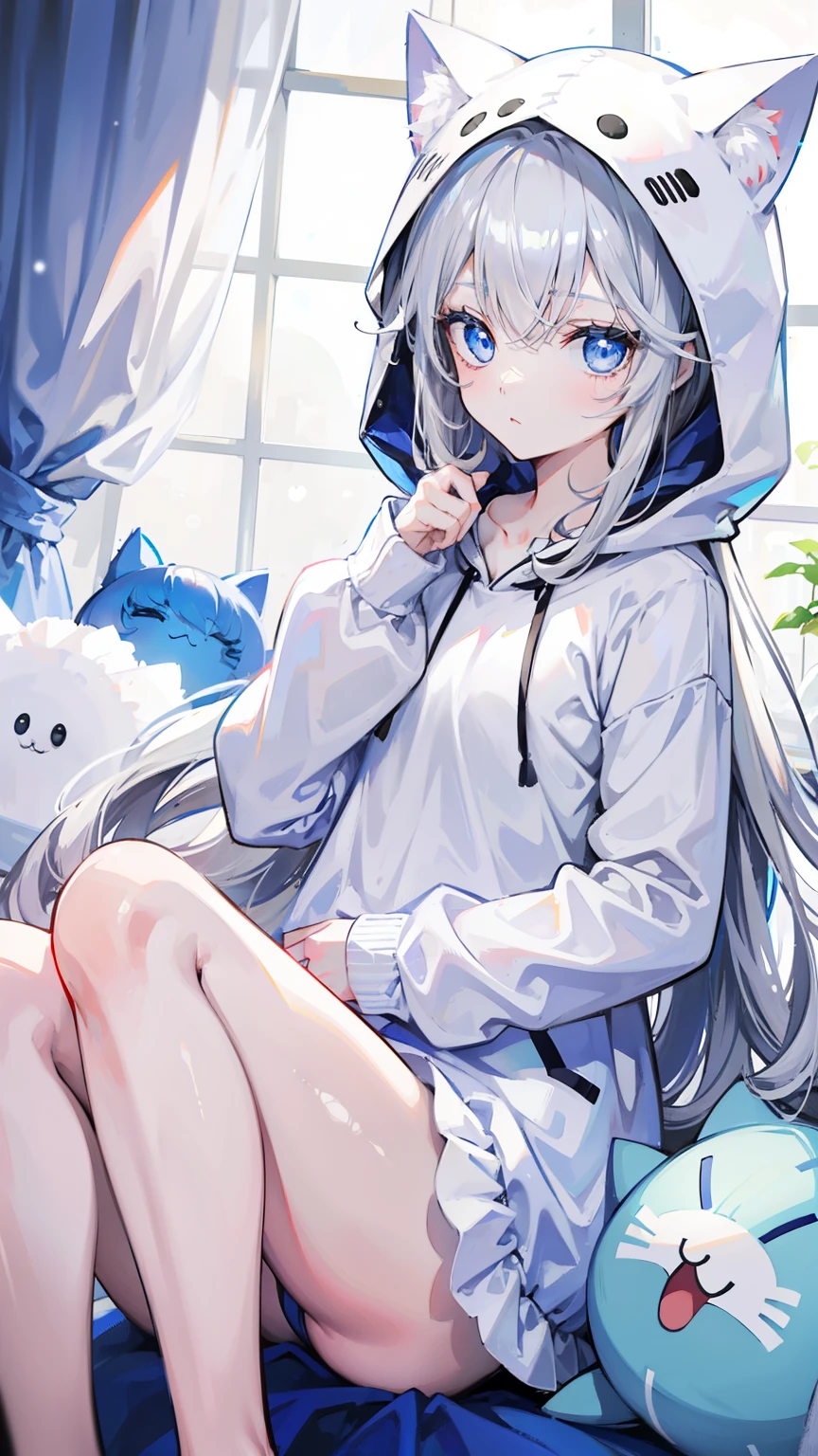 1 girl,Highest image quality,alone,gray hair,like snow white,blue eyes, white skin,Sleepiness,long hair,sleeping habit,half eye,,wet with water,baby doll,indoor,,Cat Hoodie,stuffed toy,,,small,
