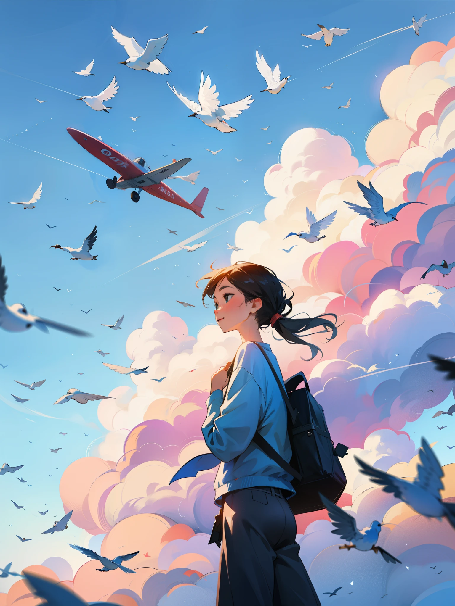 There is a woman with a backpack looking at the birds flying in the sky, girl side face，Blurred facial features，cloud,There is a plane flying across the sky，Blue sky