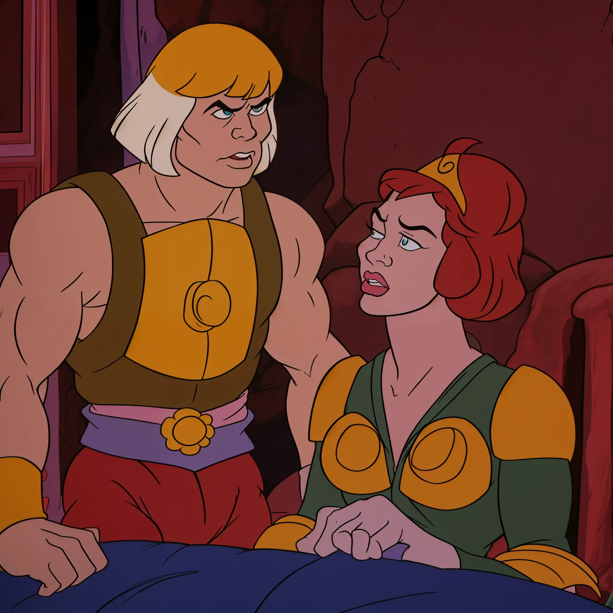 a close up of a cartoon of he man and teela, he - man, he-man, filmation, he-man!!!!!, he - man!!!!!, filmation animation, 1980s cartoon, 8 0 s cartoon