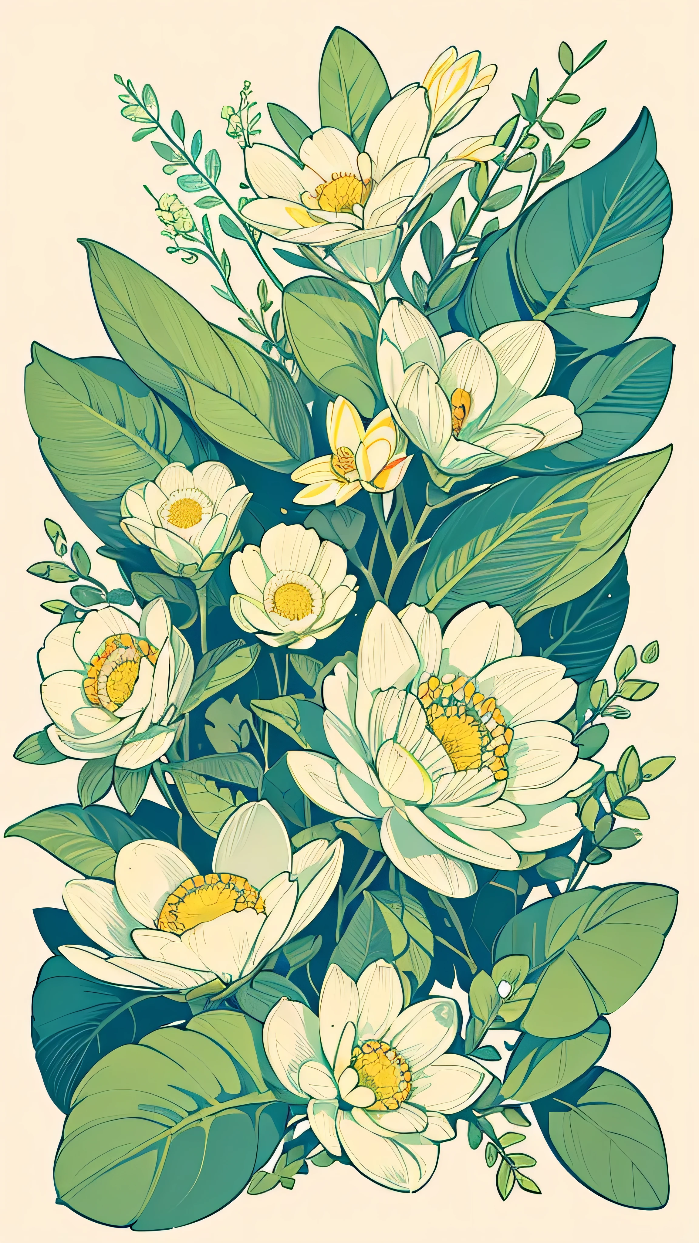 Slight vintage color,planar,,RISO print style,illustration,adolable,Leave white space,low-saturation,Lots of flowers，Individually arranged，leafs，branches，Printing， a sticker，Random distribution，Lovely drawing style， Color guide，Graphic design，Carpet pattern，（with black background）