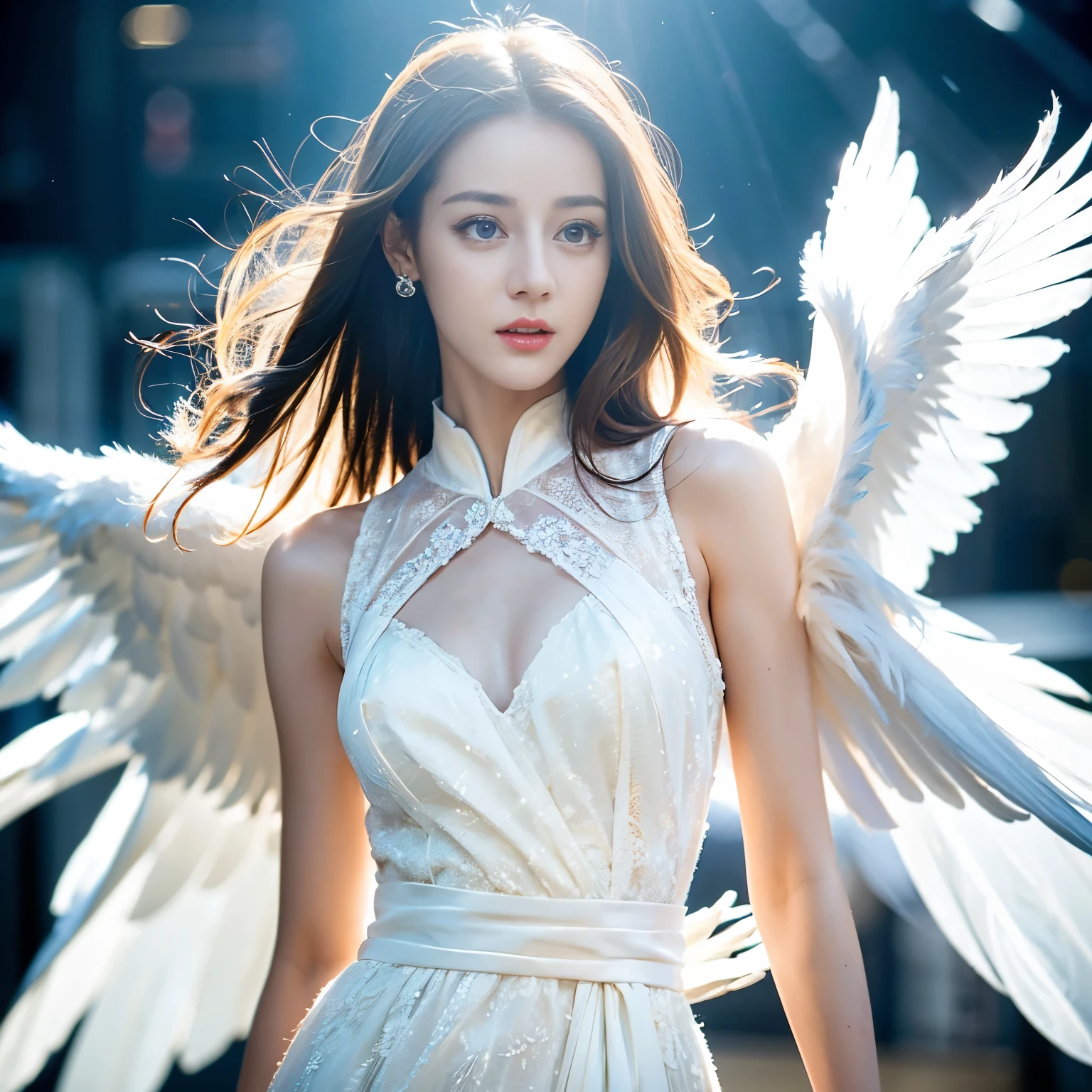 ((top quality、8k、Masterpiece:1.3))、Extremely delicate and beautiful girl,Very white skin,fiery red lips,Waist is very thin,Thighs are very thin,White wedding dress,White and smooth skin,Smooth and fair skin,flawless skin,Fair and shiny skin,cold white skin,The camera focuses on the chest,bright light,hair is white,A pair of huge white wings on the back,angel wings,hazy light rays,hazy light rays,blurred white background,light blonde hair,sad,Tears on his face