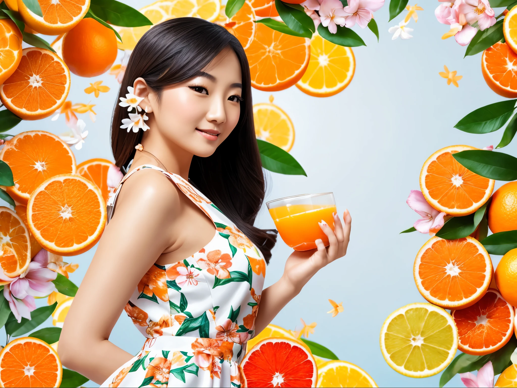 Beautiful Asian woman wearing a floral white dress, citrus fruits flying around, rainbow orange highlights, background of assorted citrus fruits, splashes of orange juice, frontview, textured, photo realistic, 12k quality 