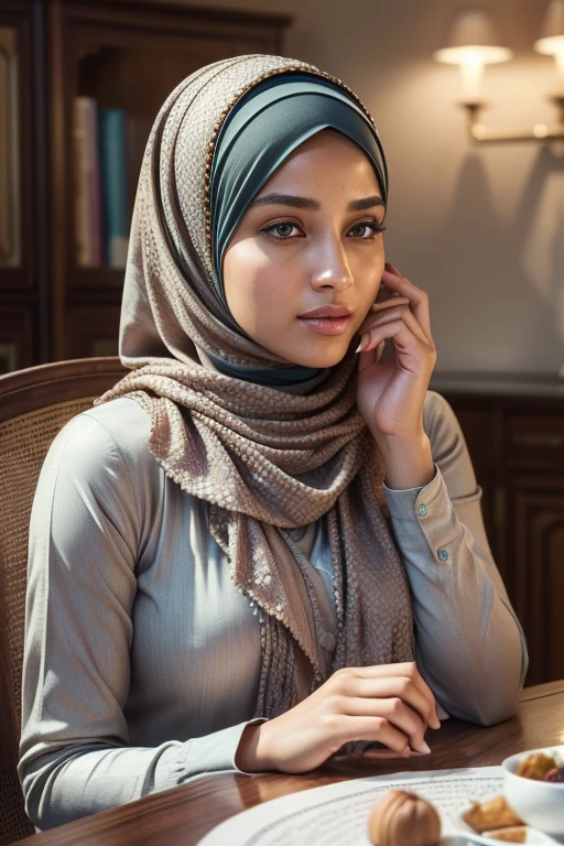 (best quality,4k,8k,highres,masterpiece:1.2),ultra-detailed,(realistic,photorealistic,photo-realistic:1.37),portrait, woman, hijab, sitting, chair, table, detailed eyes, detailed lips, serene expression, graceful pose, soft lighting, vibrant colors