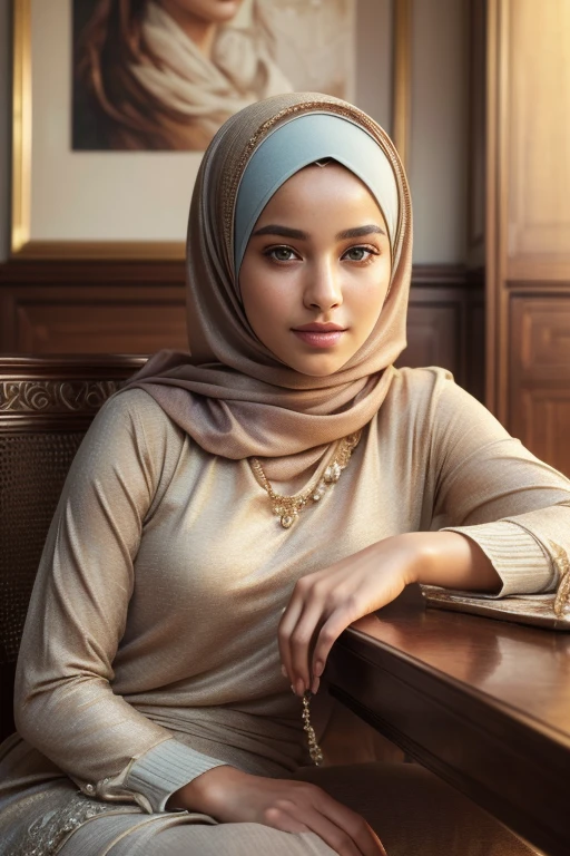 (best quality,4k,8k,highres,masterpiece:1.2),ultra-detailed,(realistic,photorealistic,photo-realistic:1.37),portrait, woman, hijab, sitting, chair, table, detailed eyes, detailed lips, serene expression, graceful pose, soft lighting, vibrant colors