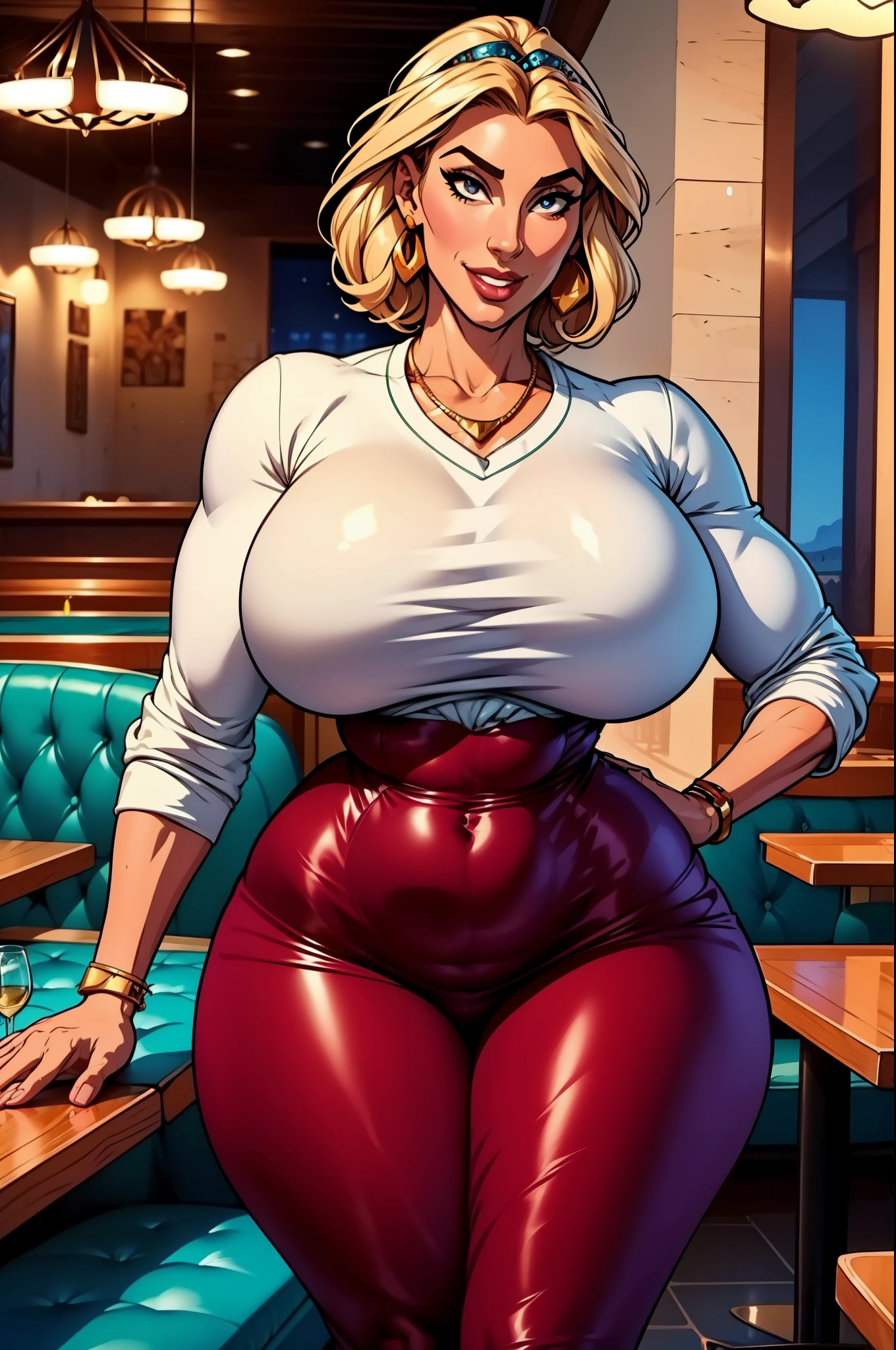 MILFs, uma mulher, seios grandes, seios gigantescos, Seios enormes, Mature female, seios pesados, short hair, (Cabelos prateados), light-skinned female, olhos alaranjados, bunda grande, Curvilinear waist, seios apoiados sobre a mesa, with chin resting on hand, ombros apoiados sobre a mesa, , Olhando para o Viewer, bra edges on sweater, decote sensual, seios cheios, breasts larger than the head, Face Madura, curvy female, coxas grossas, voluptuous female, cinto preto, luvas delicadas, bra strap appearing, seios macios, Foco feminino, Mom's breasts, mommy, semblante encantador, Imposing female, high waisted jeans, cloth sweater, provocando com os seus peitos, sentada numa cadeira de restaurante, um encontro, First-person view, na frente do pretendente, Bobo sorriso, hearts over the head, pratos com comida sobre a mesa, candle lighting, em um restaurante elegante, glass of wine on the side, sentada em frente ao visualizador, (sentada na mesa de um restaurante), tiro de corpo superior, corpo parcialmente visivel, restaurante lotado ao fundo, in the nighttime, Romantic mood, Cabelos prateados