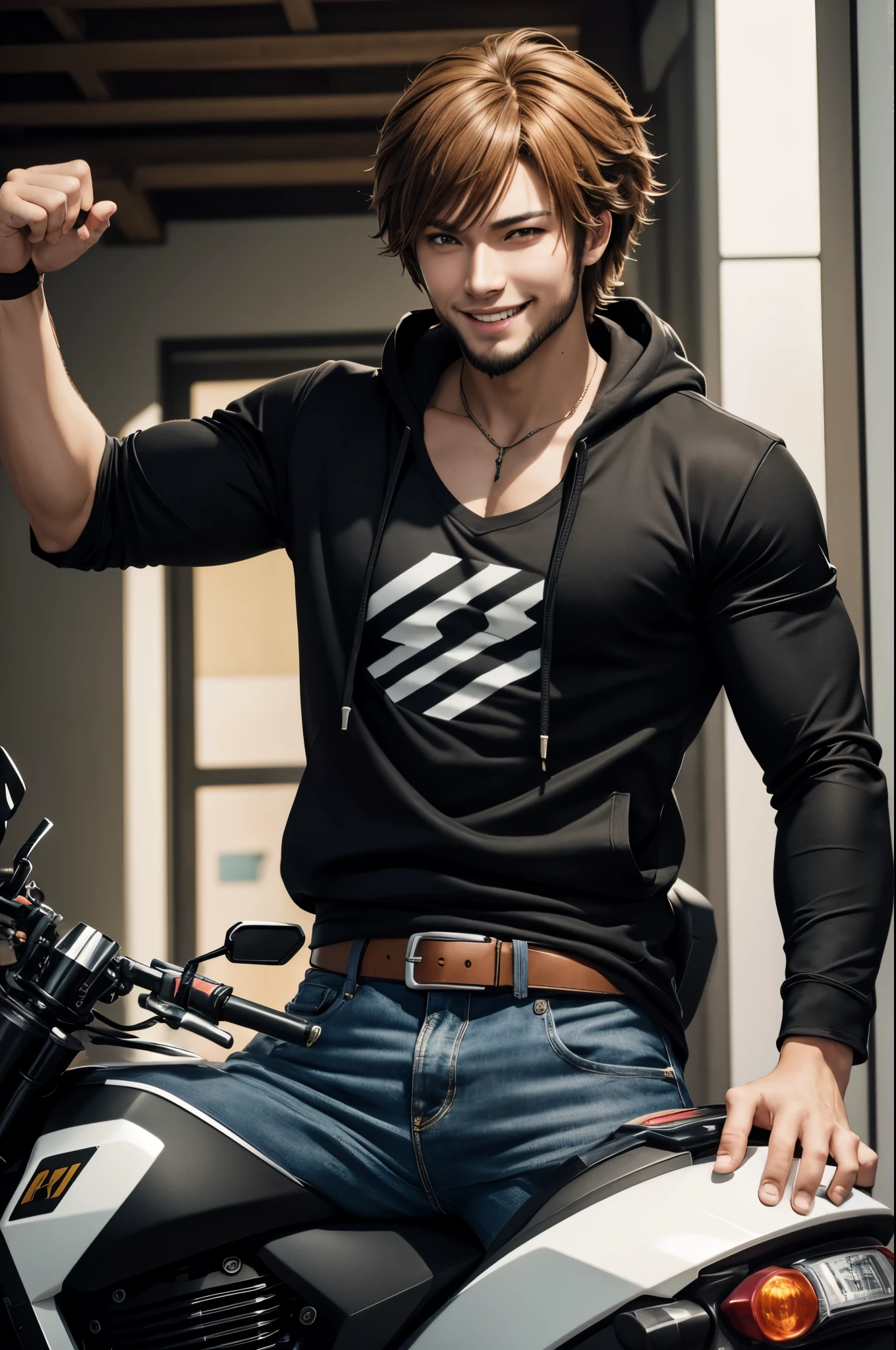 8K,A young man with flashy brown medium bob hair riding a big motorcycle(24-years-old),Challenging atmosphere,muscular slim body,super realistic skin,Violent and strongly cracked abdominal muscles,black hoodie,white inner t-shirt,black black jeans,Mischievous smile,big eyes,black eyes,Perfect hand shapeの詳細,comical pose,masterpiece,Photorealistic RAW photos of the highest quality。bright colors,rich colors, Backlight, cinematic lighting, film grain, to be born, 50mm lens, Nikon D850,detailed character art,fantasy art,ultra high resolution,super realistic skin,Perfect hand shape,In town,Persona4(Hanamura Yosuke),wild(super realistic skin),One point beard,big smile,