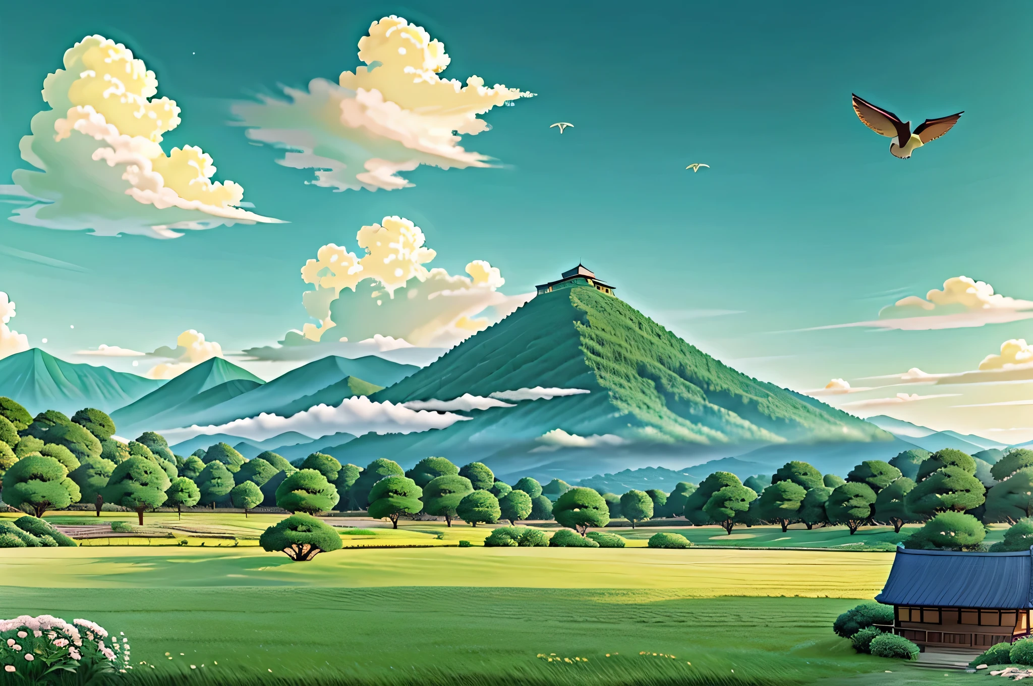 Ghibli-like pattern，evening，eveningの空，Mountain，surrounded by clouds，green meadow and forest，beautiful sky，beautiful scenery、person walking々、flying bird