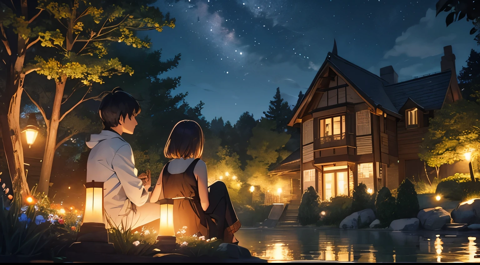 Dreamy moonlit night、A flower garden、flowers that last far、mont、Lodge、Mare、the scent of the tide、An 18-year-old boy and an 18-year-old girl are sitting next to each other under a tree with flowers、beside a pond,Happiness、ornate、time just the two of us、special time、covert