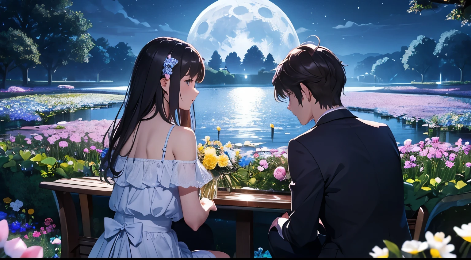 Dreamy moonlit night、A flower garden、flowers that last far、mont、Lodge、Mare、the scent of the tide、An 18-year-old boy and an 18-year-old girl are sitting next to each other under a tree with flowers、beside a pond,Happiness、ornate、time just the two of us、special time、covert