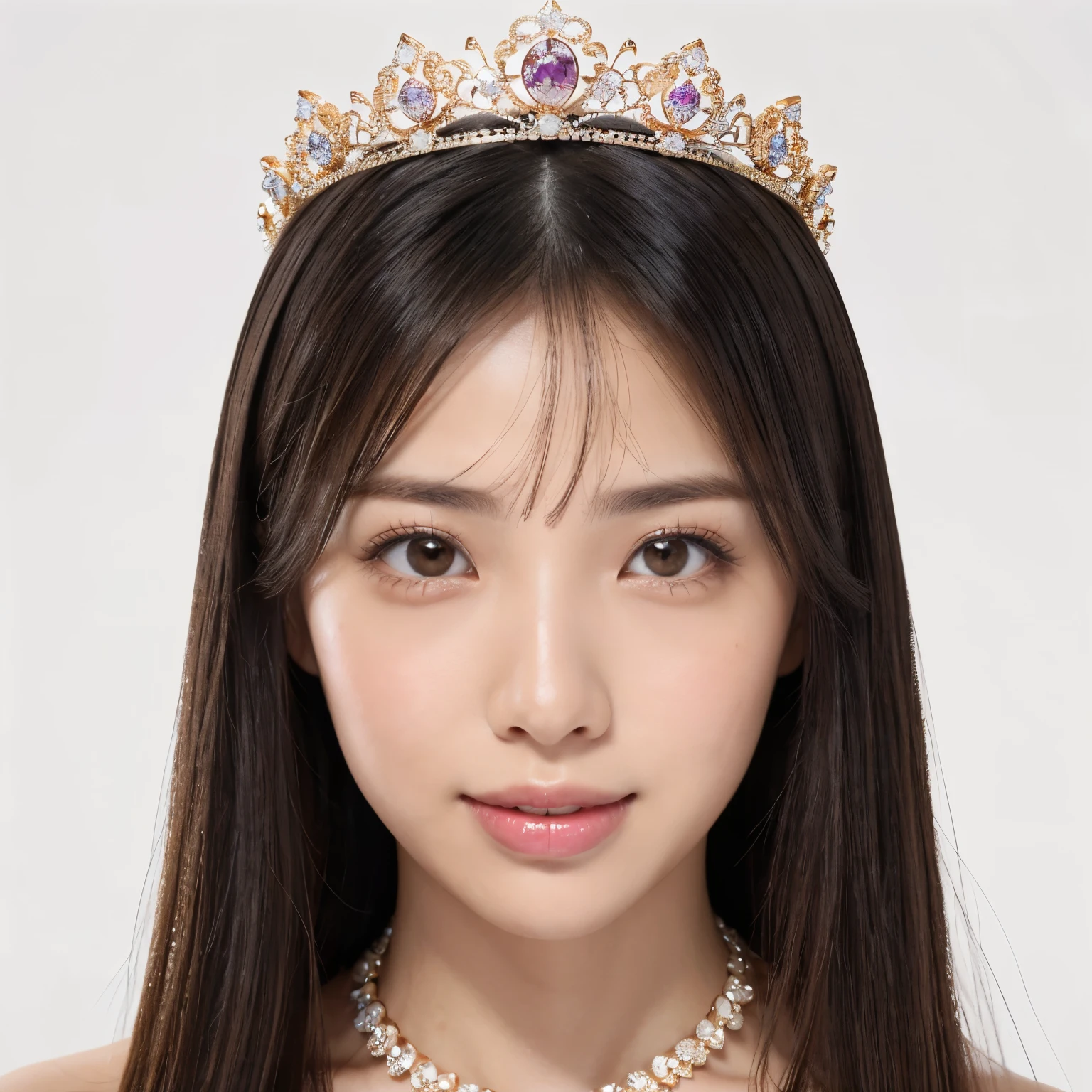 (highest quality、table top、8k、best image quality、Award-winning work)、(1 personのヌードのお姫様:1.1)、radiant beautiful skin、Shining ultra-high definition skin、(accurate anatomy:1.2)、(The most luxurious and highest quality giant tiara:1.4)、(The most luxurious and highest quality giant necklace:1.4)、(wearing only wedding lace:1.3)、A gentle smile looking at me、(Nude photos from the chest up:1.3)、(close-up of naked face:1.25)、stand gracefully、(pure white background:1.5)、portrait photography、(very bright and vivid:1.1)、very romantic、光を受けてradiant beautiful skin、(very bright and refreshing:1.1)、(the most detailed and perfect face:1.1)、(most detailed glowing eyes:1.1)、(Ultra-high-definition beautiful skin with beautiful shine and moisture:1.1)、(the most natural and beautiful cheeks:1.1)、(1 person:1.1)、(alone:1.1)、ultra high definition hair、Ultra-high resolution face、Ultra high definition eyes