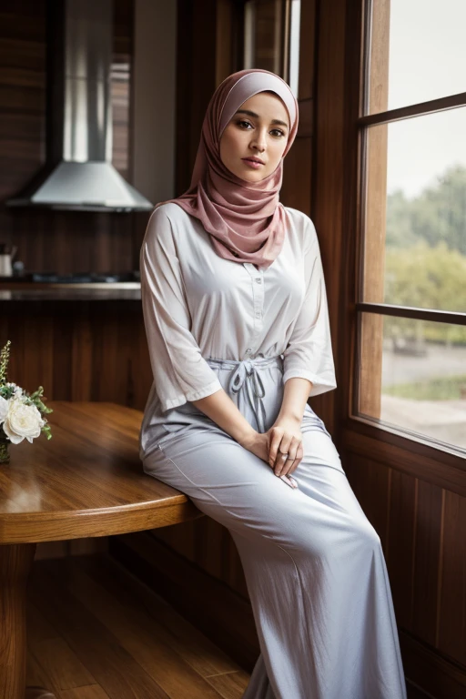 (best quality,4k,8k,highres,masterpiece:1.2),ultra-detailed,(realistic,photorealistic,photo-realistic:1.37),portrait, woman, hijab, sitting, chair, empty table, in a workshop, detailed eyes, detailed lips, serene expression, graceful pose,cinematic lighting, soft pastel colors