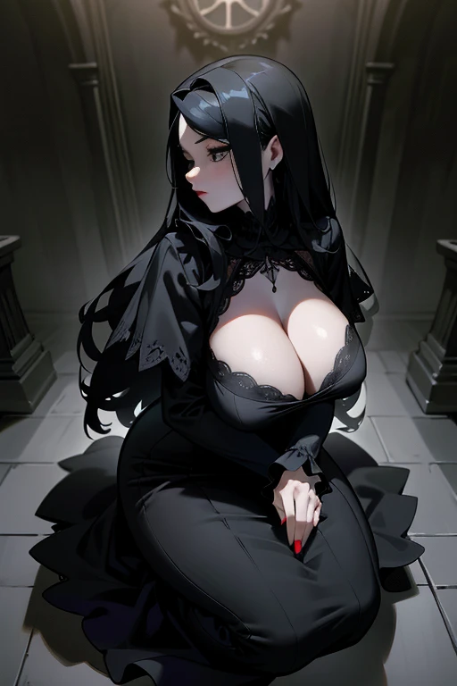 (RAW photo, best quality), (gothic aesthetic:1.1), best quality, extremely detailed, masterpiece, ultra-detailed, illustration, 1girl, full body, side view, eerie atmosphere, gothic cathedral, grey and black color palette, point of view from above, intricate gothic patterns, intricately designed clothing, high contrast lighting, brooding expression, long, wavy, black hair, red lips, sharp focus, foggy background, 4K resolution, cinematic lens, gothic roses, velvet textures, detailed eye make-up, fine beaded jewelry. (gigantic breasts), (huge breasts), (large breasts), (big breasts), braless, no bra,