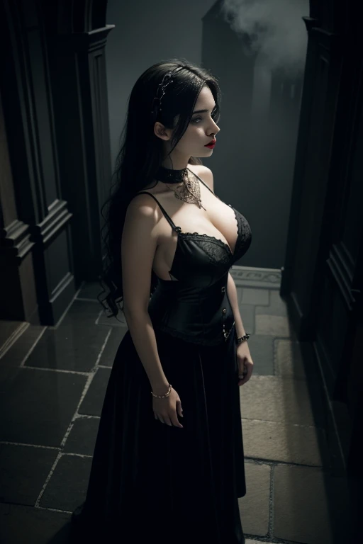 (RAW photo, best quality), (gothic aesthetic:1.1), best quality, extremely detailed, masterpiece, ultra-detailed, illustration, 1girl, full body, side view, eerie atmosphere, gothic cathedral, grey and black color palette, point of view from above, intricate gothic patterns, intricately designed clothing, high contrast lighting, brooding expression, long, wavy, black hair, red lips, sharp focus, foggy background, 4K resolution, cinematic lens, gothic roses, velvet textures, detailed eye make-up, fine beaded jewelry.  (gigantic breasts), (huge breasts), (large breasts), (big breasts), braless, no bra, 