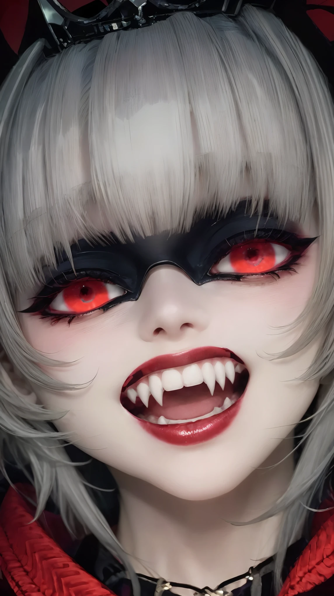 close up portrait of a vampire girl,YelanV4, blue hair,short hair, Yelan Genshin Impact, intricate aristogracy, red background,while smiling,big crown,red eyes,evil look,evil gaze.black earings,black rings,evil laugh,smile,YAMATO,fangs,ZGirl