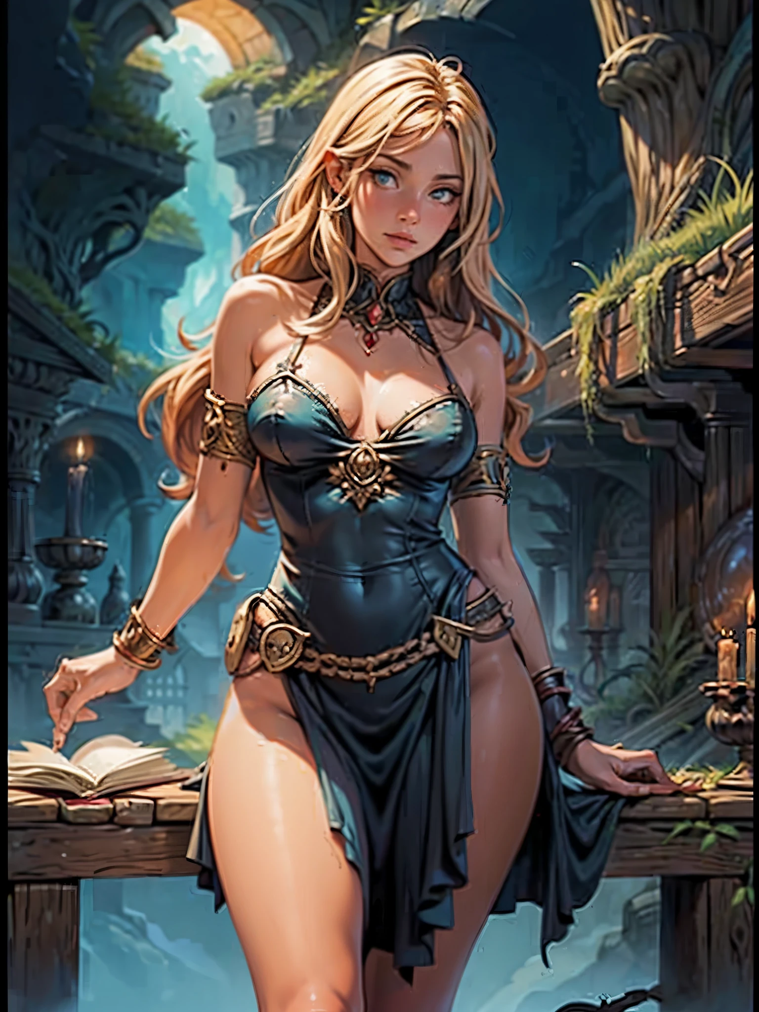 advdnd2023, book cover, novel illustration, intricate art, advanced dungeons and dragons, 1girl, female sorceress, sexy, scantily clad, painting, open field,