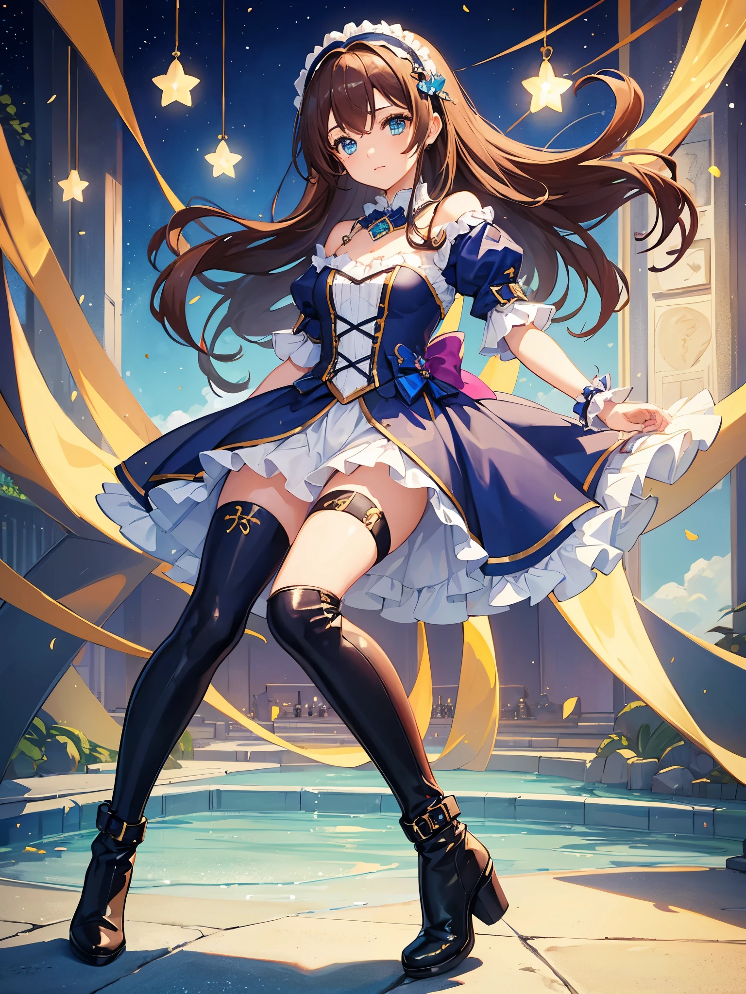 ((a girl)), rosybrown hair, azure eyes, ((idol costume)), long boots, ((individual)), ((high quality)), hairband