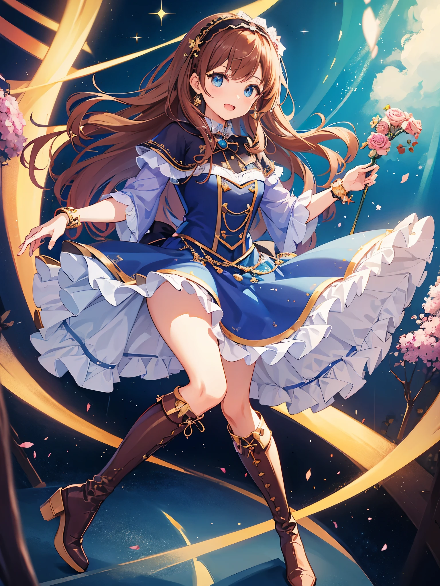 ((a girl)), rosybrown hair, azure eyes, ((idol costume)), long boots, ((individual)), ((high quality)), hairband