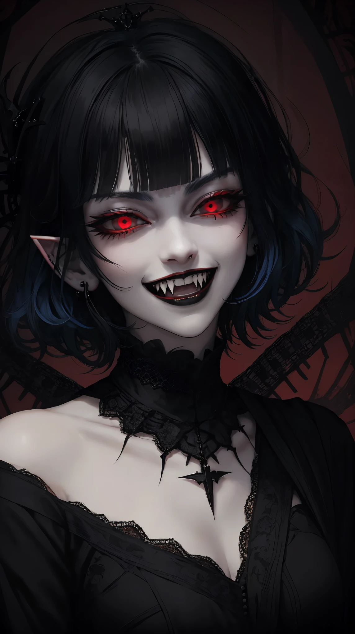 close up portrait of a vampire girl , blue hair,short hair, Yelan Genshin Impact, intricate dress, ((gothic)) aristogracy, red background,while smiling,big crown,red eyes,evil look,evil gaze.black earings,black rings,evil laugh,smile,YAMATO,fangs, Goth girl