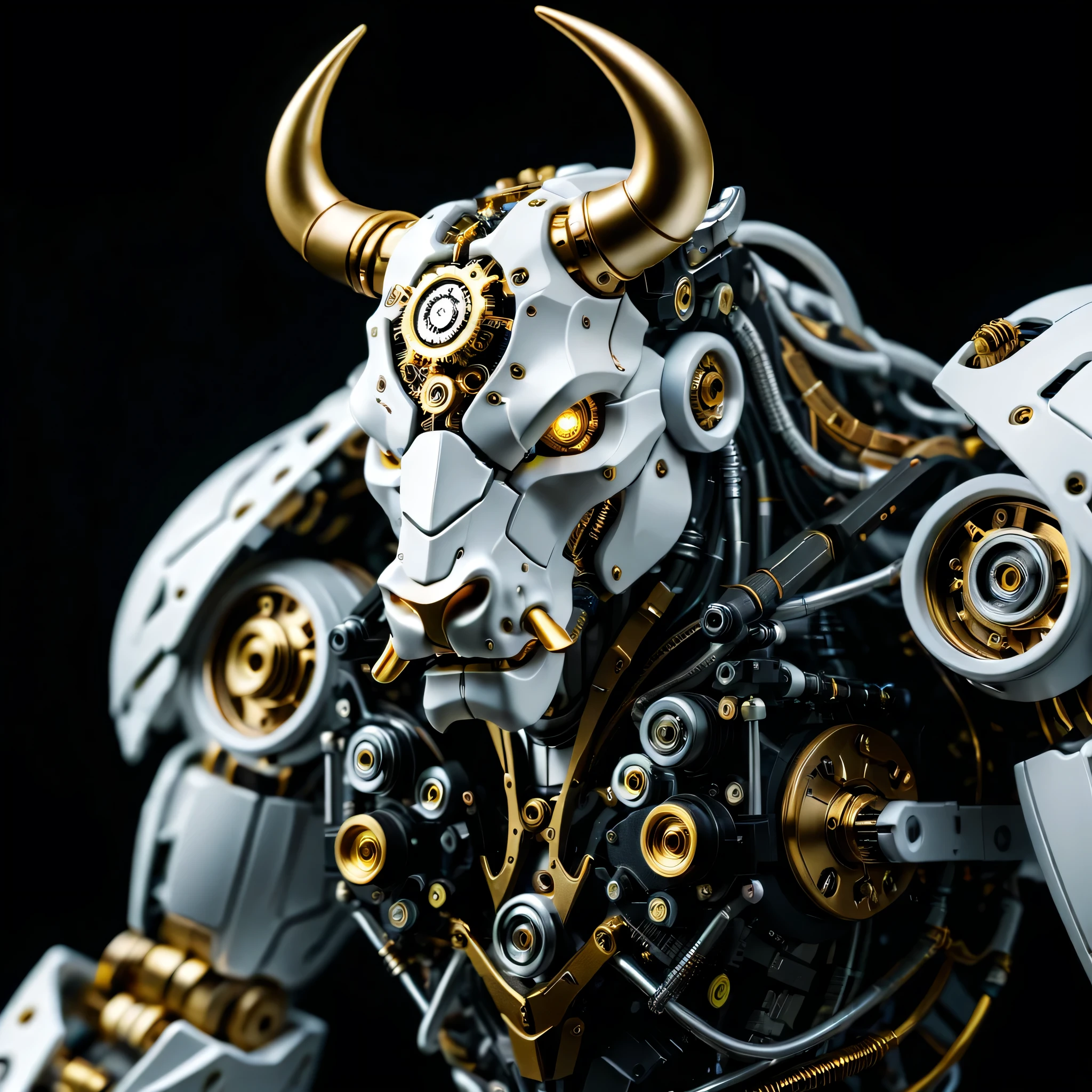 Half-length photo or portrait, White and yellow bull machine head on solid black background, Composed of ultra-precision mechanical components, Electronic, and metal armor.(Ray tracing, Well-designed, high detail, masterpiece, best quality, ultra high definition)