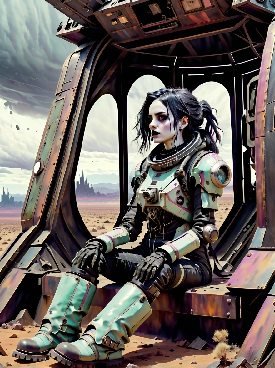 (gothic aesthetic:1.8), 1 female astronaut，wasteland background，Tailor-made female mecha suit，（30 years old），Sitting on the landing spaceship，Stare into the distance，A post-apocalyptic landscape，rusty metal fragments，desolate atmosphere，pastel color palette，oil painting style，Detailed mecha suit design，battle scars on suit，Shabby boots，firm expression，Windswept Hair，Realistic spaceship details，barren terrain，Dramatic clouds，ethereal lights，unforgettable beauty、intricate textures、composition、science fiction elements、Immersive hand-drawn details、Depth of storytelling