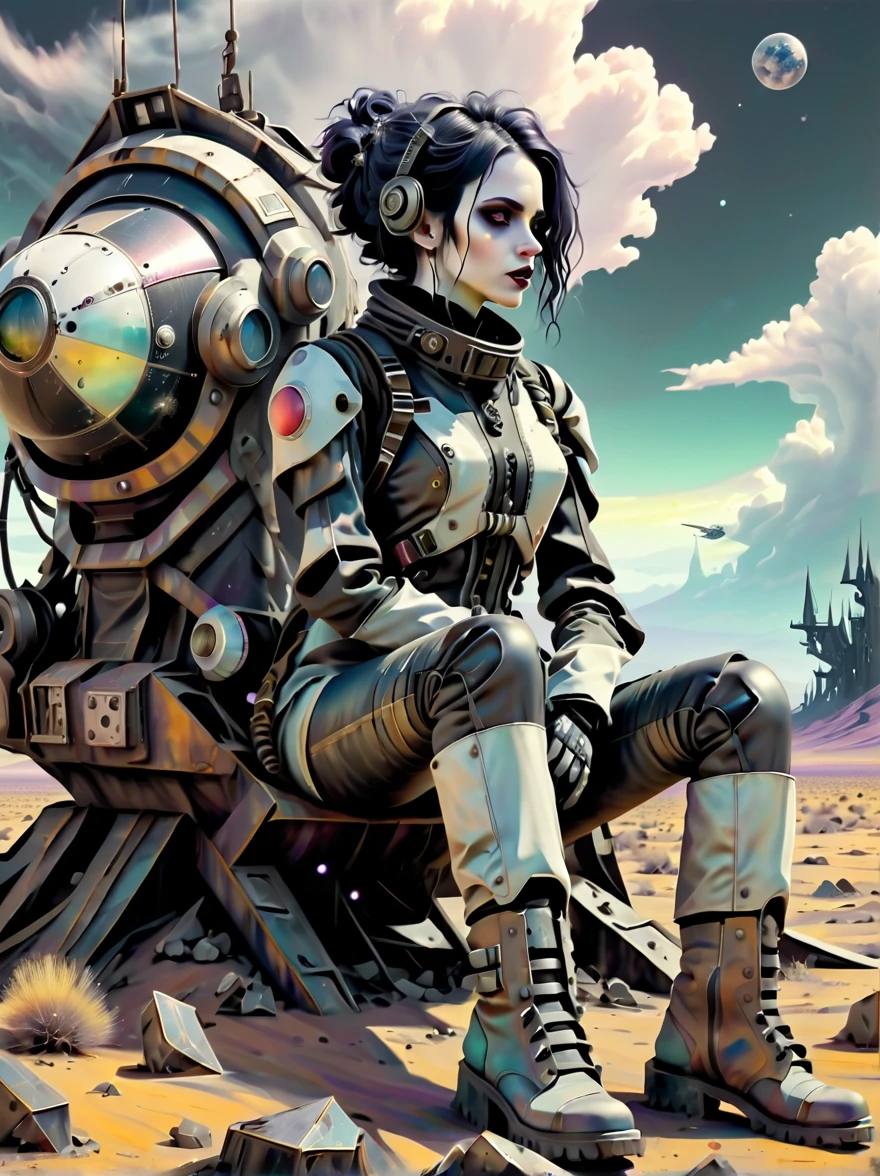 (gothic aesthetic:1.8), 1 female astronaut，wasteland background，Tailor-made female mecha suit，（30 years old），Sitting on the landing spaceship，Stare into the distance，A post-apocalyptic landscape，rusty metal fragments，desolate atmosphere，pastel color palette，oil painting style，Detailed mecha suit design，battle scars on suit，Shabby boots，firm expression，Windswept Hair，Realistic spaceship details，barren terrain，Dramatic clouds，ethereal lights，unforgettable beauty、intricate textures、composition、science fiction elements、Immersive hand-drawn details、Depth of storytelling