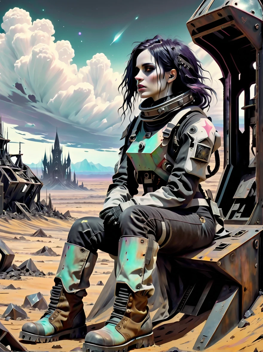 (gothic aesthetic:1.8), 1 female astronaut，wasteland background，Tailor-made female mecha suit，（30 years old），Sitting on the landing spaceship，Stare into the distance，A post-apocalyptic landscape，rusty metal fragments，desolate atmosphere，pastel color palette，oil painting style，Detailed mecha suit design，battle scars on suit，Shabby boots，firm expression，Windswept Hair，Realistic spaceship details，barren terrain，Dramatic clouds，ethereal lights，unforgettable beauty、intricate textures、composition、science fiction elements、Immersive hand-drawn details、Depth of storytelling